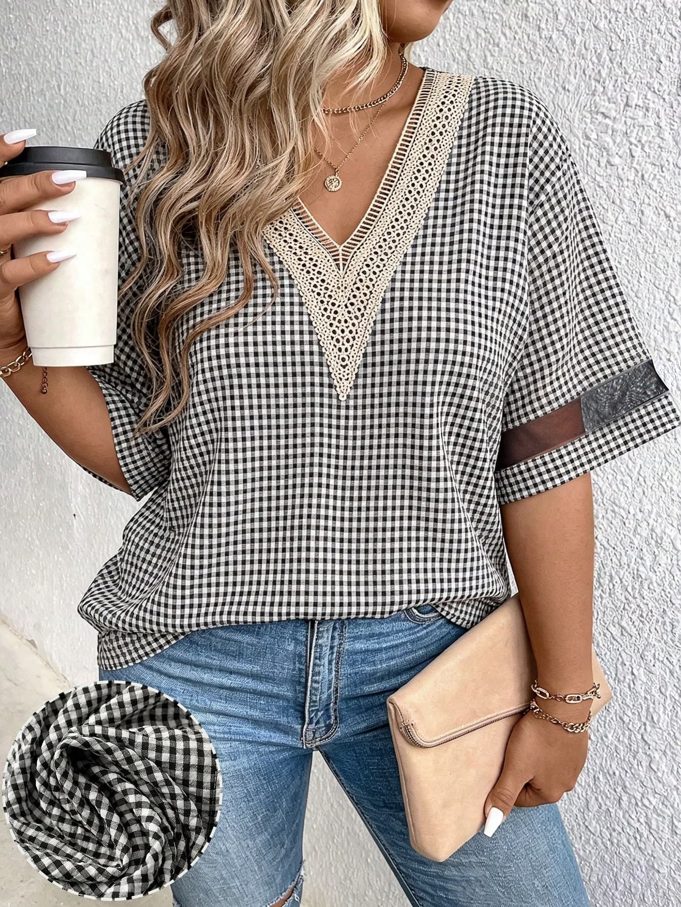 EMERY ROSE Plus Size Women's Summer Textured Black And White Plaid Gold Lace Trim V-Neck Loose Casual Short Sleeve Blouse Top Teachers' Day Formal Workwear