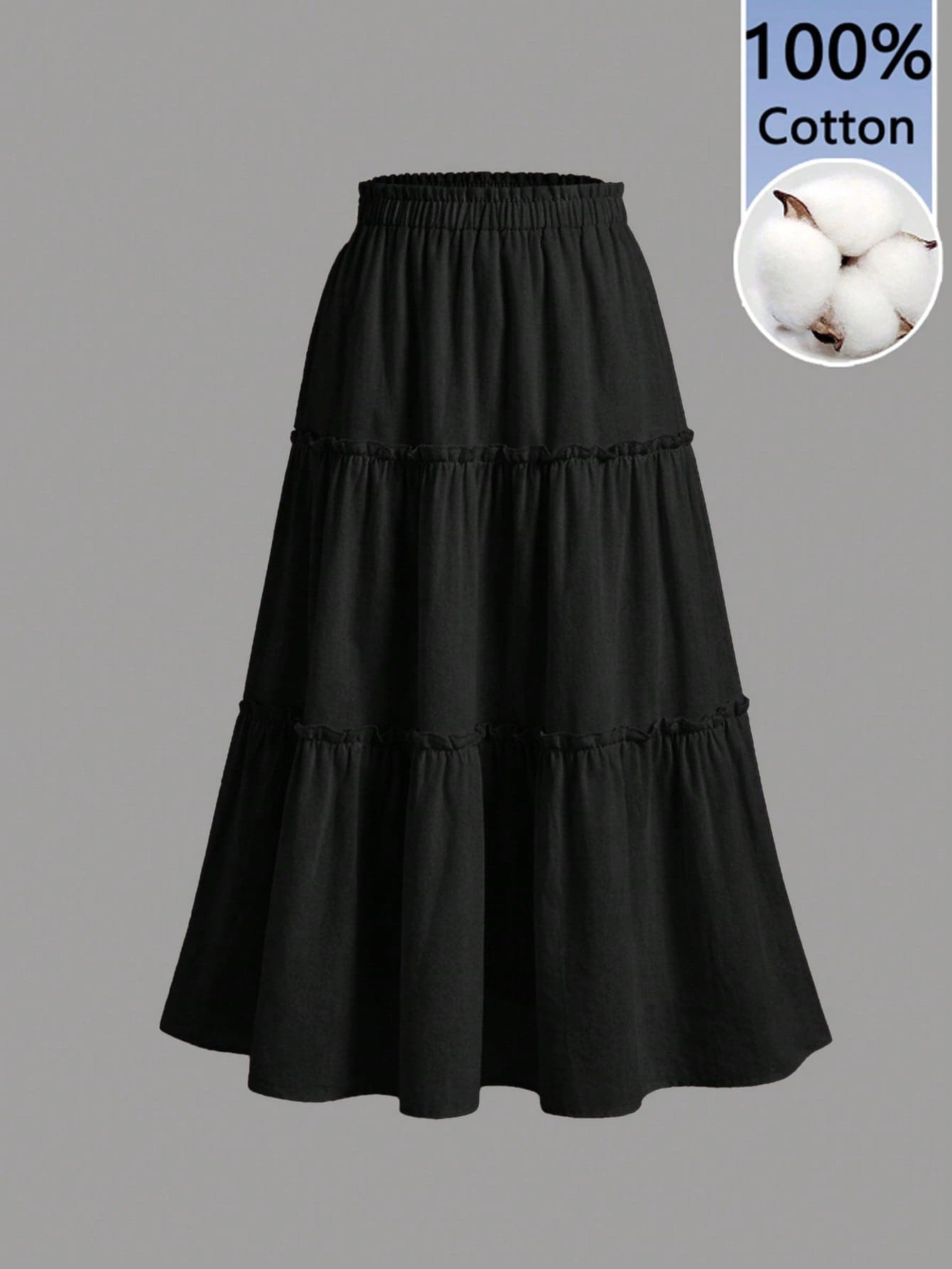 SHEIN MOD 100% Cotton Ruffle Skirt Boho Long Skirt Break Paperbag Waist Frill Trim Ruffle Hem Skirt Black