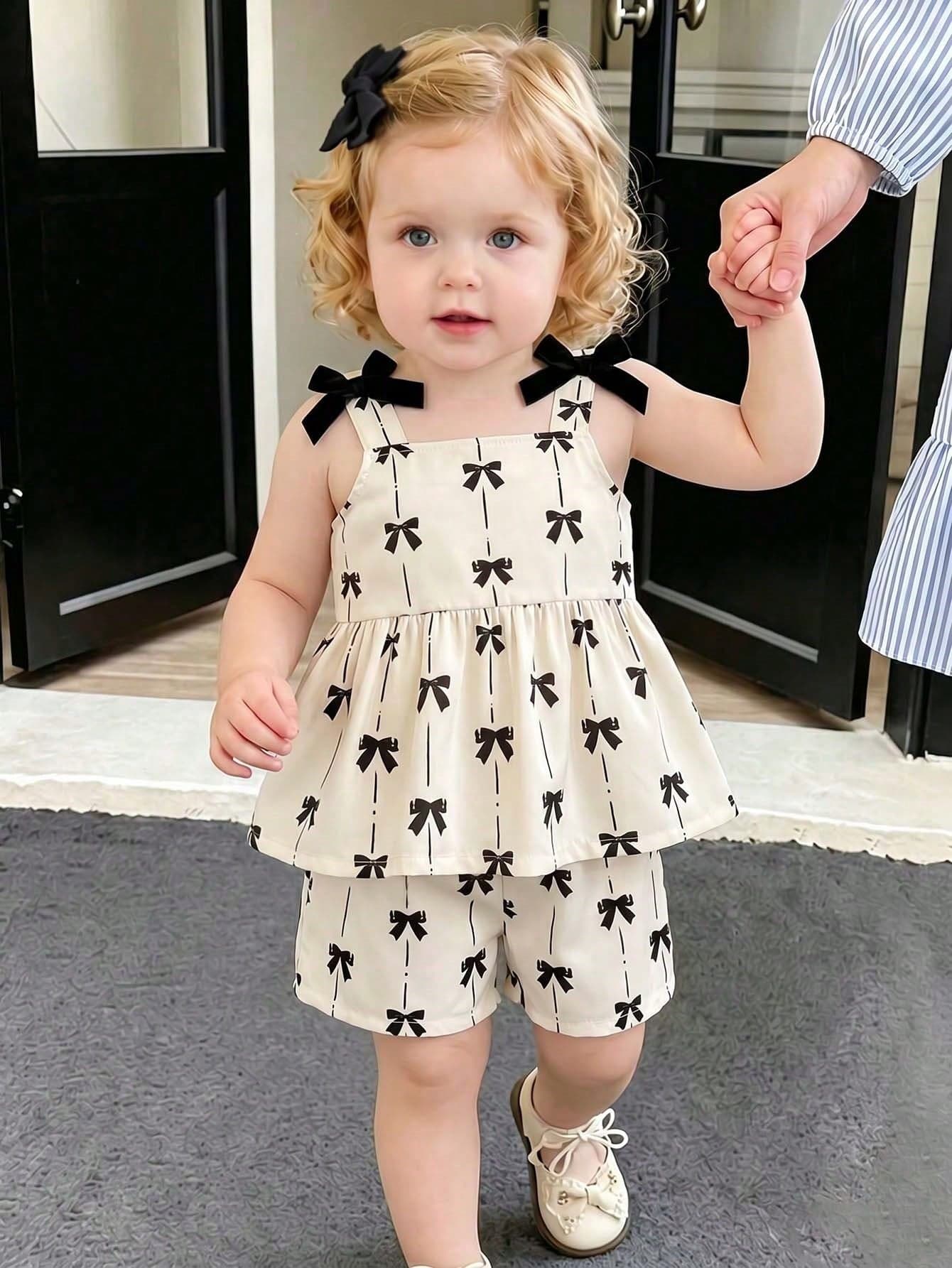 SHEIN Playful Pals Baby Girl Spring/Summer Casual Daily Cute Vacation Striped Apricot Base Black Bow Print Cute Bow Ruffle Hem Camisole Top + Shorts Set, Suitable For Daily Vacation Cute Outfit