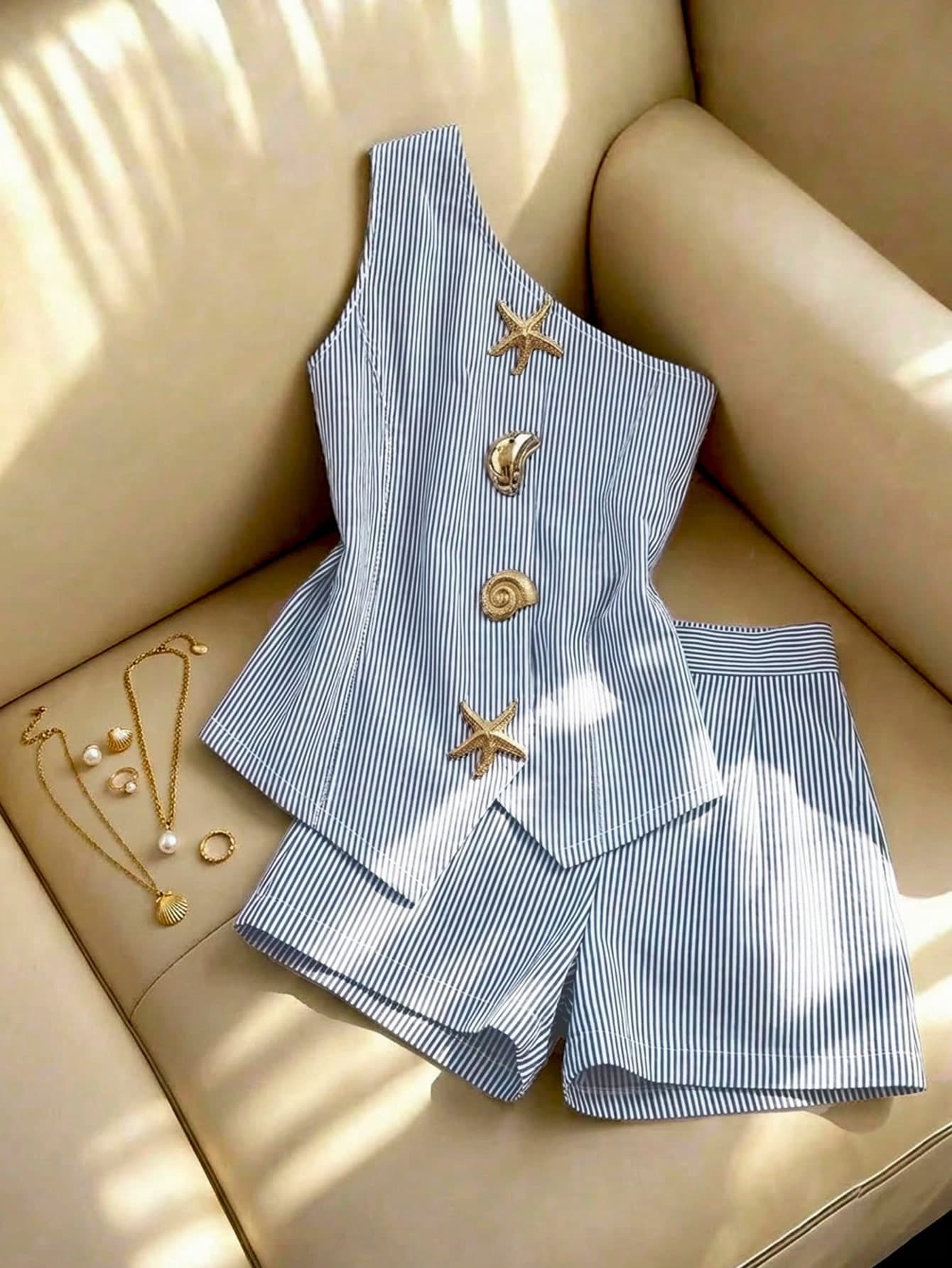 Franclia Women's Striped Asymmetric Sleeveless Top With Metal Buckle Decor & Matching Shorts 2-Piece Set, Suitable For Summer Casual Outings, Blue