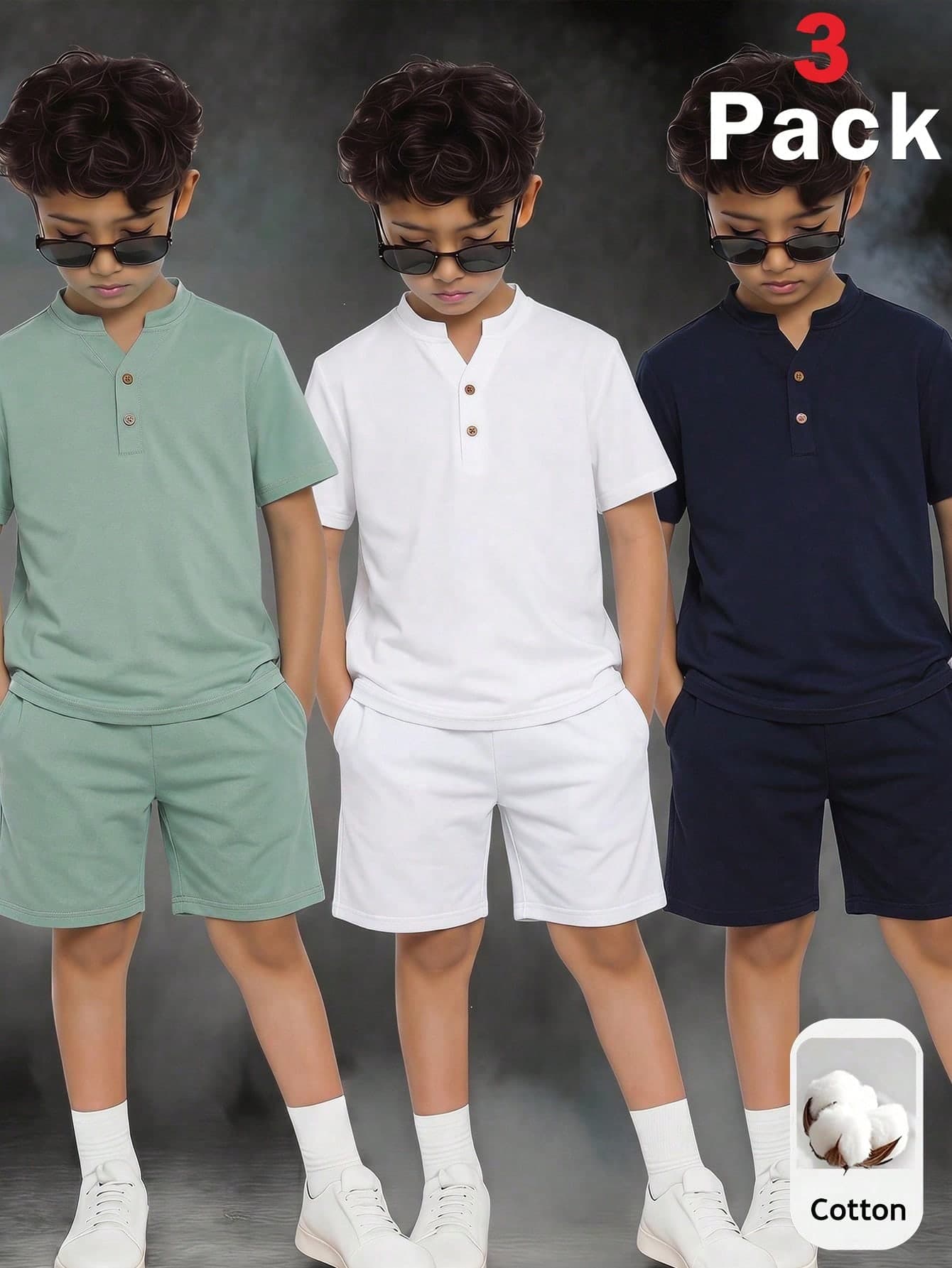SHEIN 3pcs Tween Boy Half-Sleeve T-Shirts With Decorative Wooden Buttons And Textured Fabric In Blue, Green, White, Suitable For Summer Casual Outings, Sports, Vacation, School, All-Match Versatile