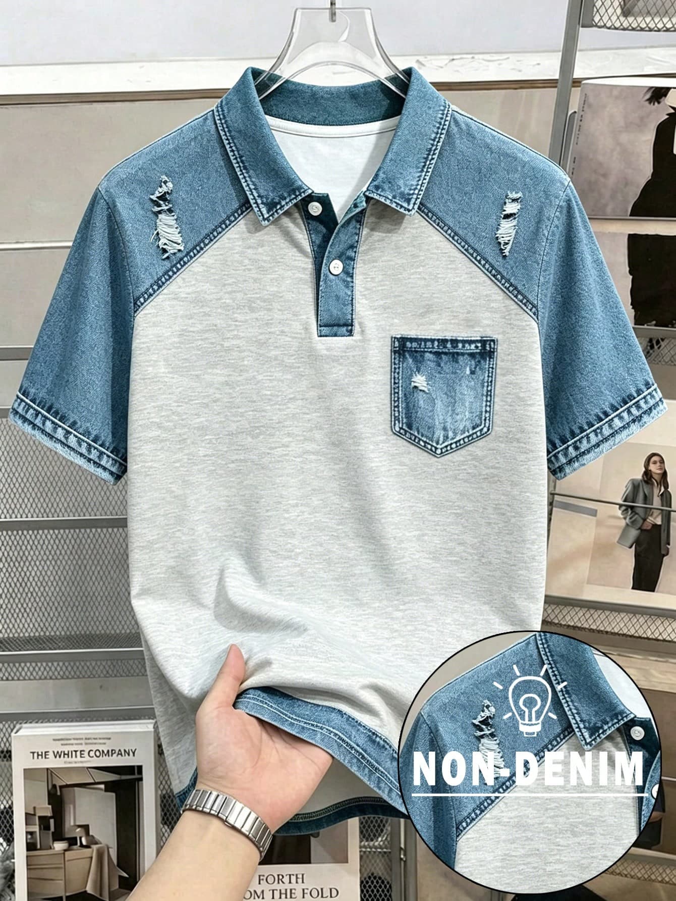 Manfinity Joysei Men's Vintage Patchwork Faux Denim Collar Polo Shirt,Light Grey Summer Streetwear Vacation Distressed Print Colorblock Contrast Casual Street Fashion