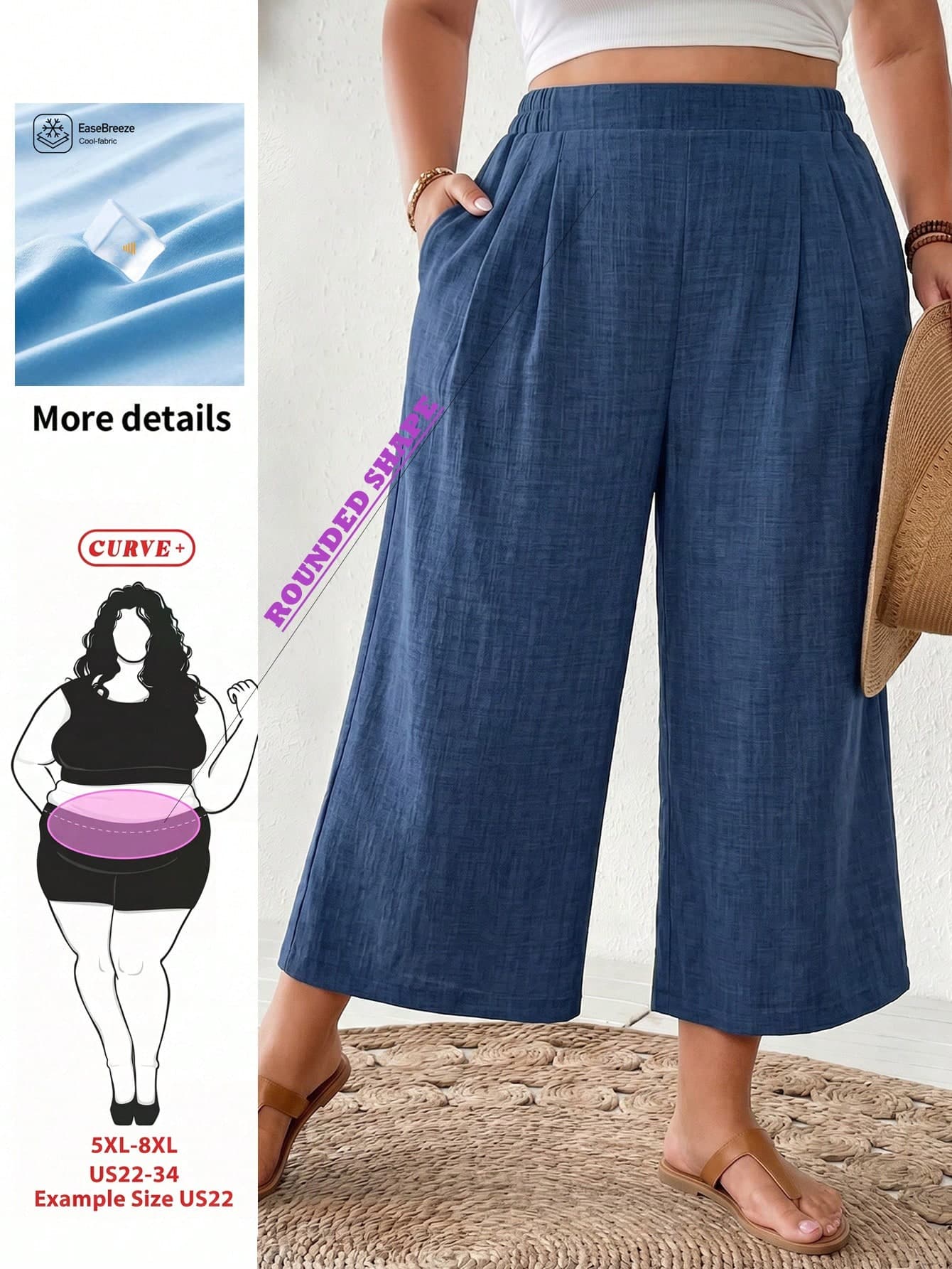 SHEIN CURVE+ Plus Size Women's Dark Blue Summer Casual Vacation Wide Leg Pants,Loose Comfortable Texture Fabric Elastic Waist Flowy Capri Cropped Pants With Pocket