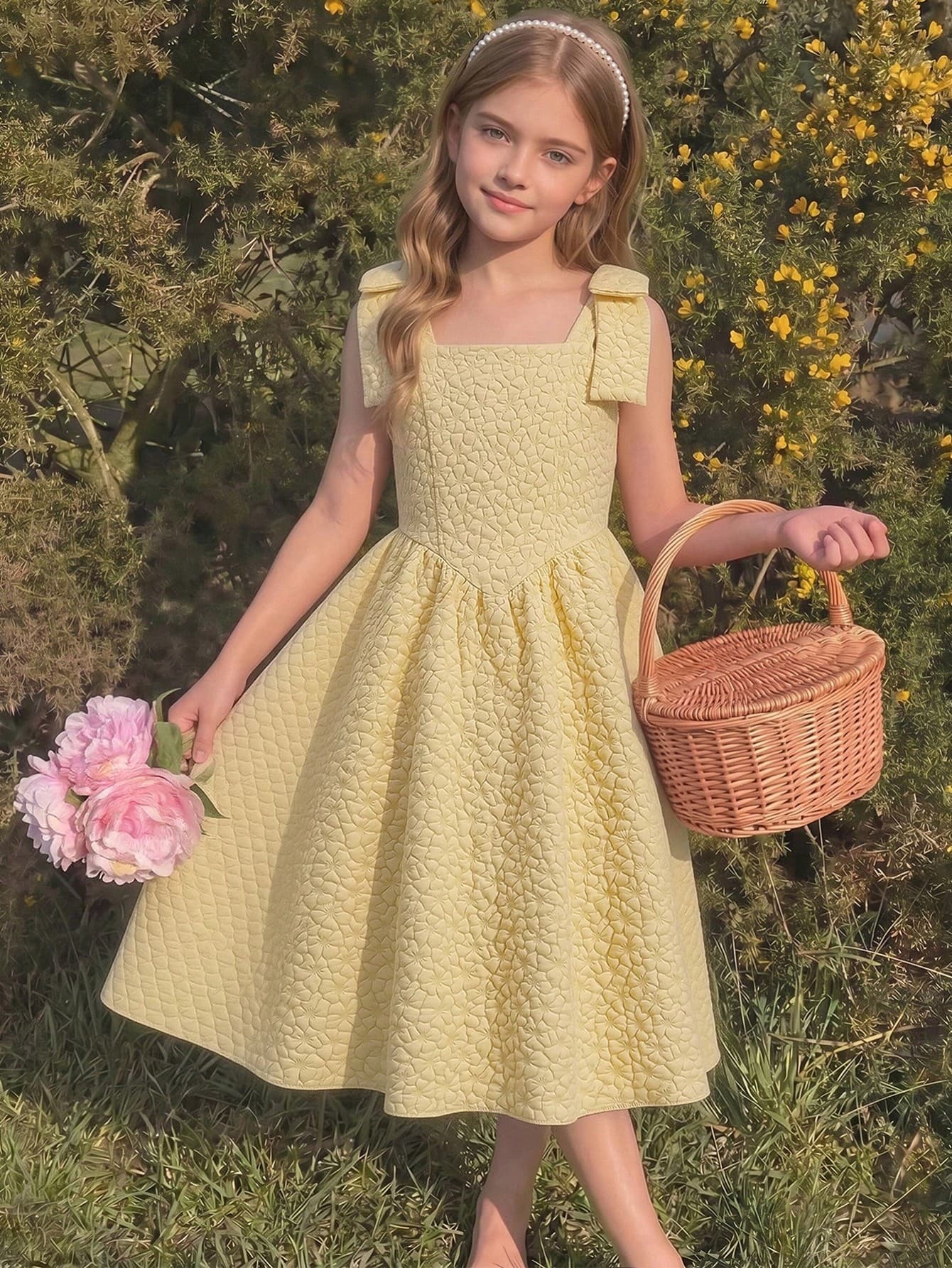SHEIN Girls' Pale Yellow Formal Cute Dress, Spaghetti Strap Jacquard Floral Elegant Detachable Bow Dress, Flower Girl, Back To School, Wedding Season Summer