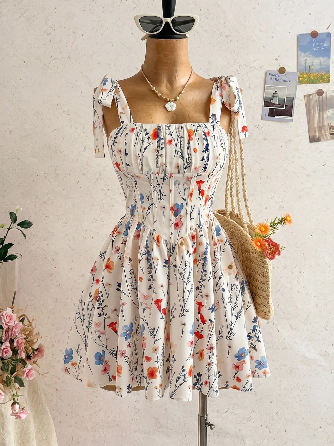 Soleia Elegant White Floral Summer Mini Dress,Sweet Cute Tie-Up A-Line Princess Bohemian Floral For Holiday,Picnic,Holiday,Beach,Cruise,Party,Date