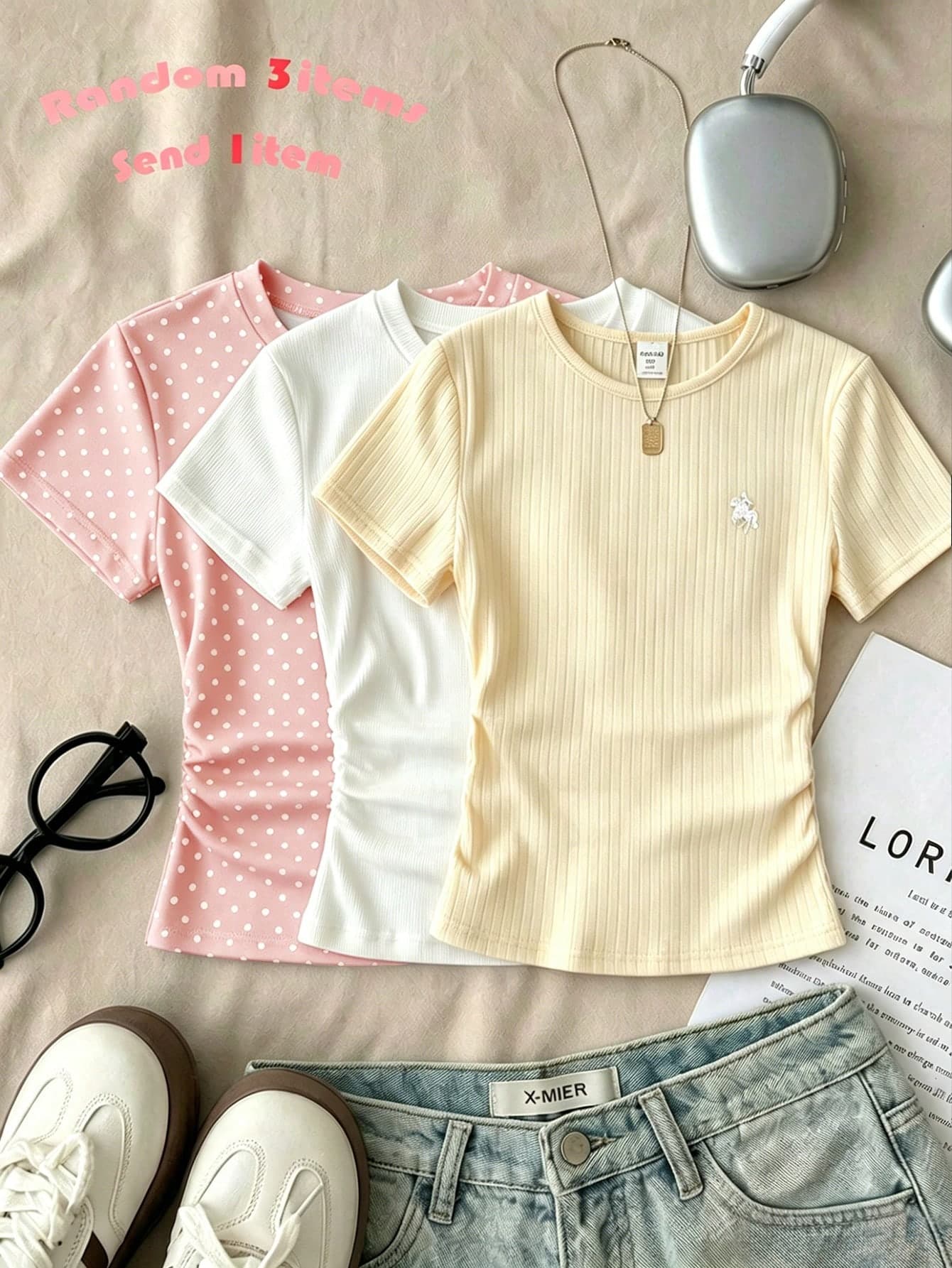 Teen Girl Casual Slim Fit Crew Neck Ruched Short Sleeve T-Shirt Suitable For Summer