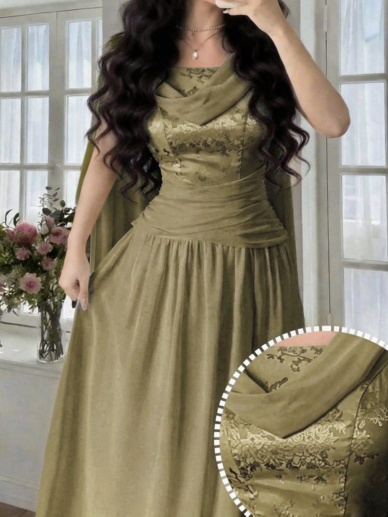 Feyla New Women's Cowl Neck Jacquard Sleeveless Dress With Back Zipper, Waist-Defining, Slimming, Elegant For Dinner Date, Parties And Daily Wear