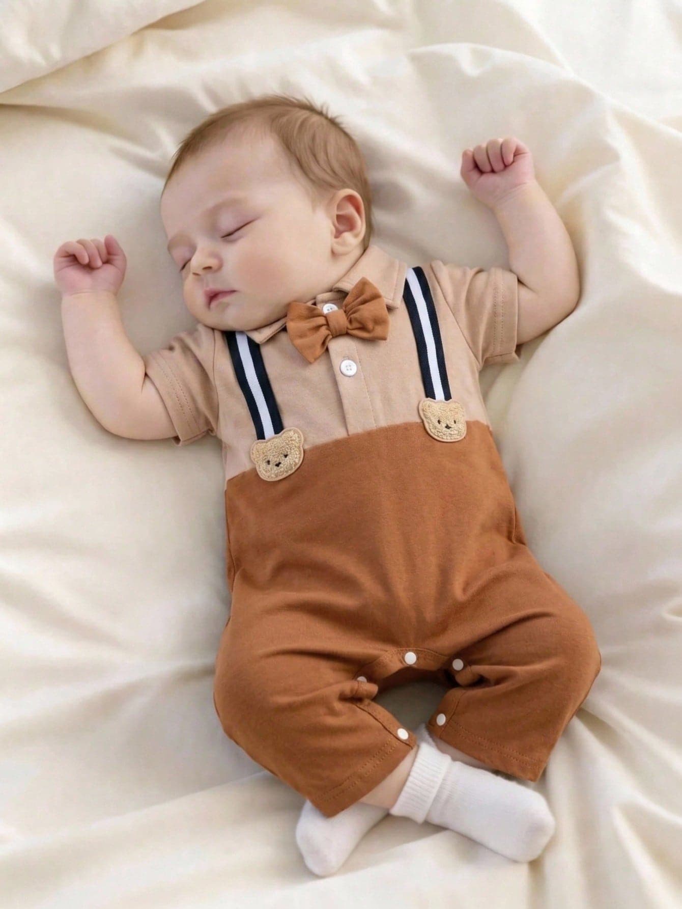 SHEIN Newborn Boy Short Sleeve Romper | Black And White Color Scheme With 3D Bear + Bow Tie Decor, Piped Edge Craftsmanship, Casual Stylish Cotton-Blend Skin-Friendly Comfortable, Suitable For Spring/Autumn Festivals, Cute Item For Party / Outing / Photoshoot