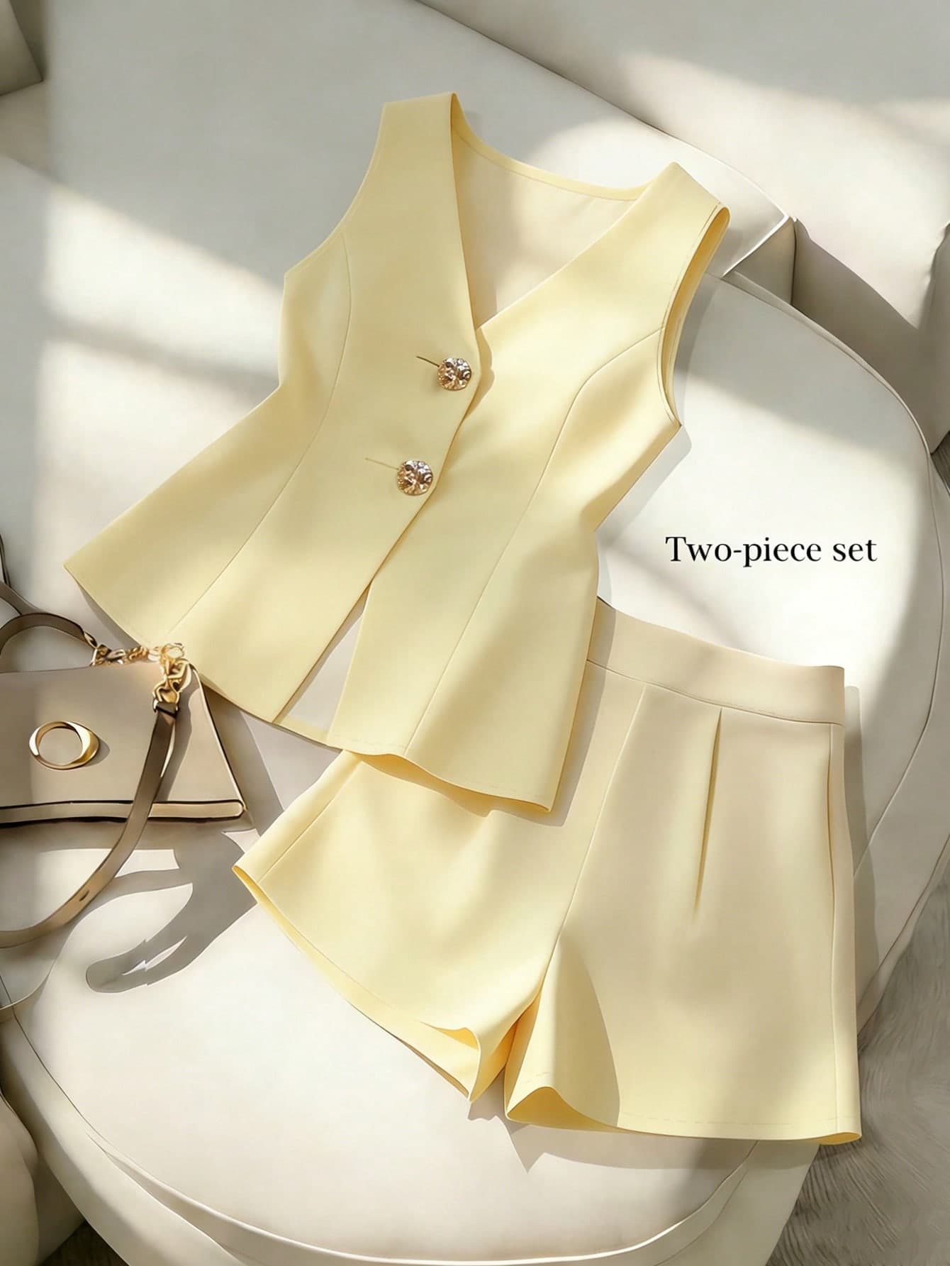 Franclia Women's 2-Piece Set,Pale Yellow Summer Casual Smart Casual Elegant Tea Party V-Neck Sleeveless Blazer Vest Top And Shorts Set,Office Suit Outfits,2026