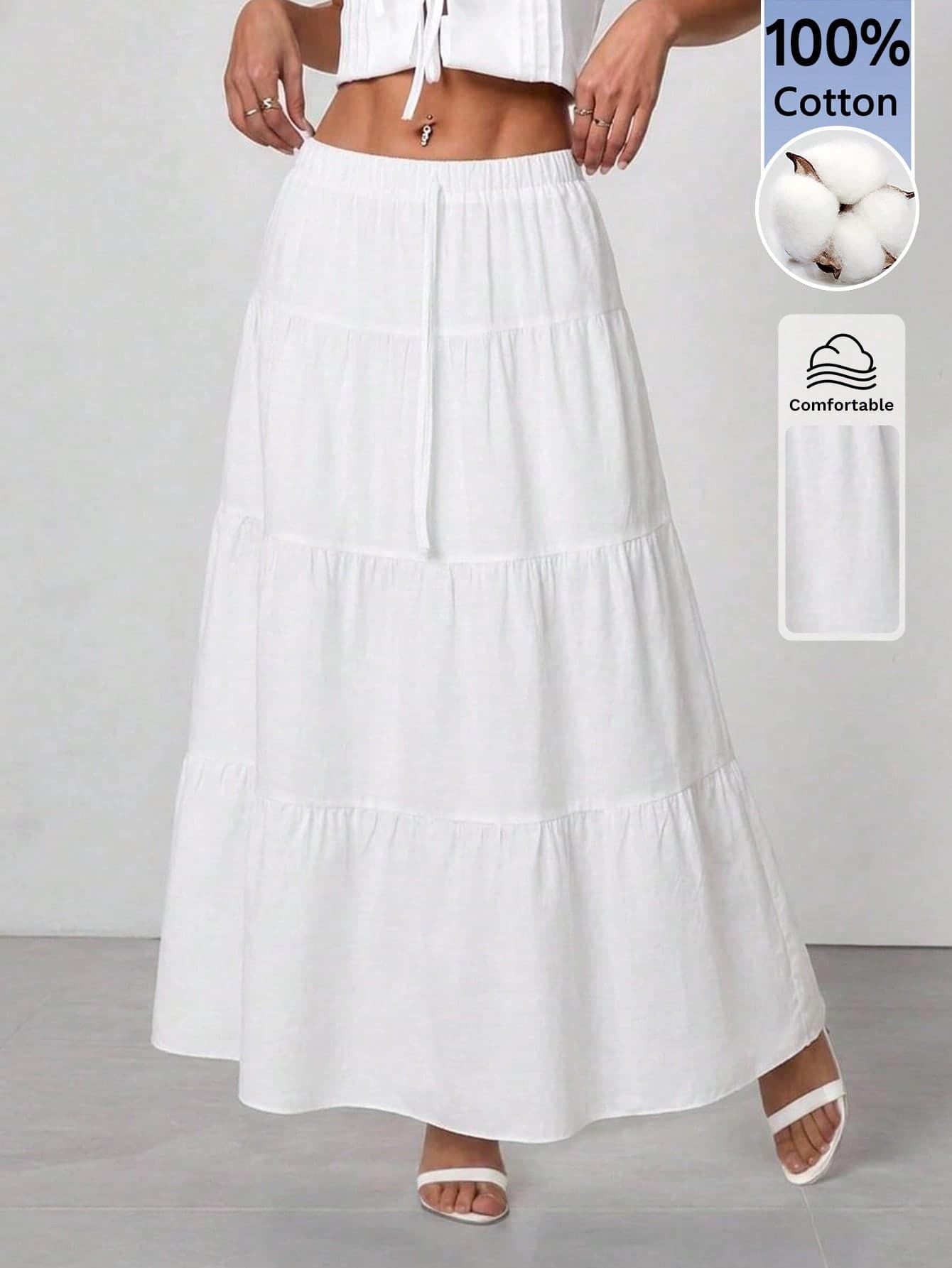 SHEIN PETITE Plain Color Casual Long Skirt White ,Petite Women