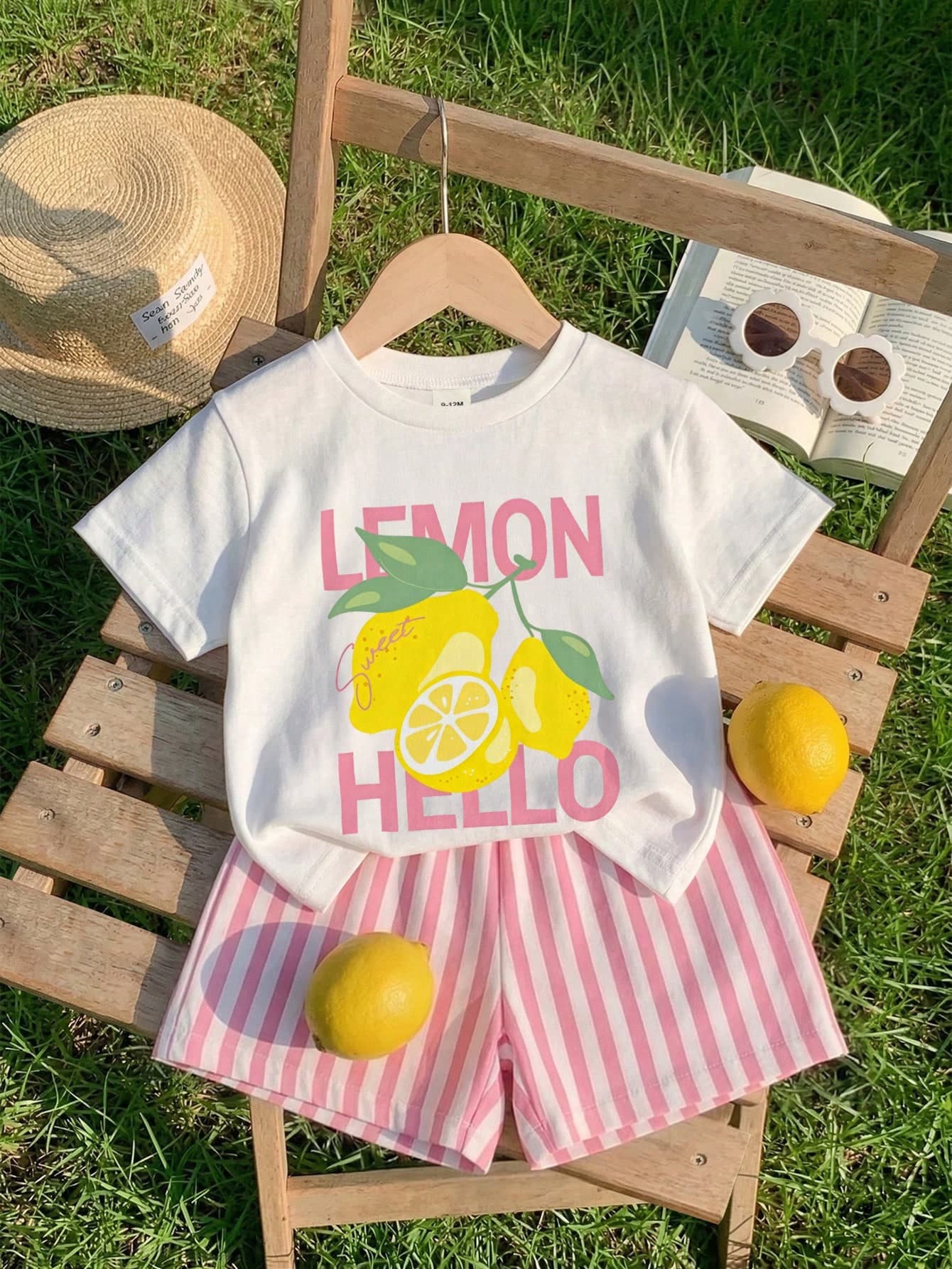 SHEIN Playful Pals 2pcs/Set Baby Girls' Lemon Fruit Print Round Neck Short Sleeve T-Shirt And Striped Shorts White Summer Cute Vacation Holiday Infant Toddler Outfit