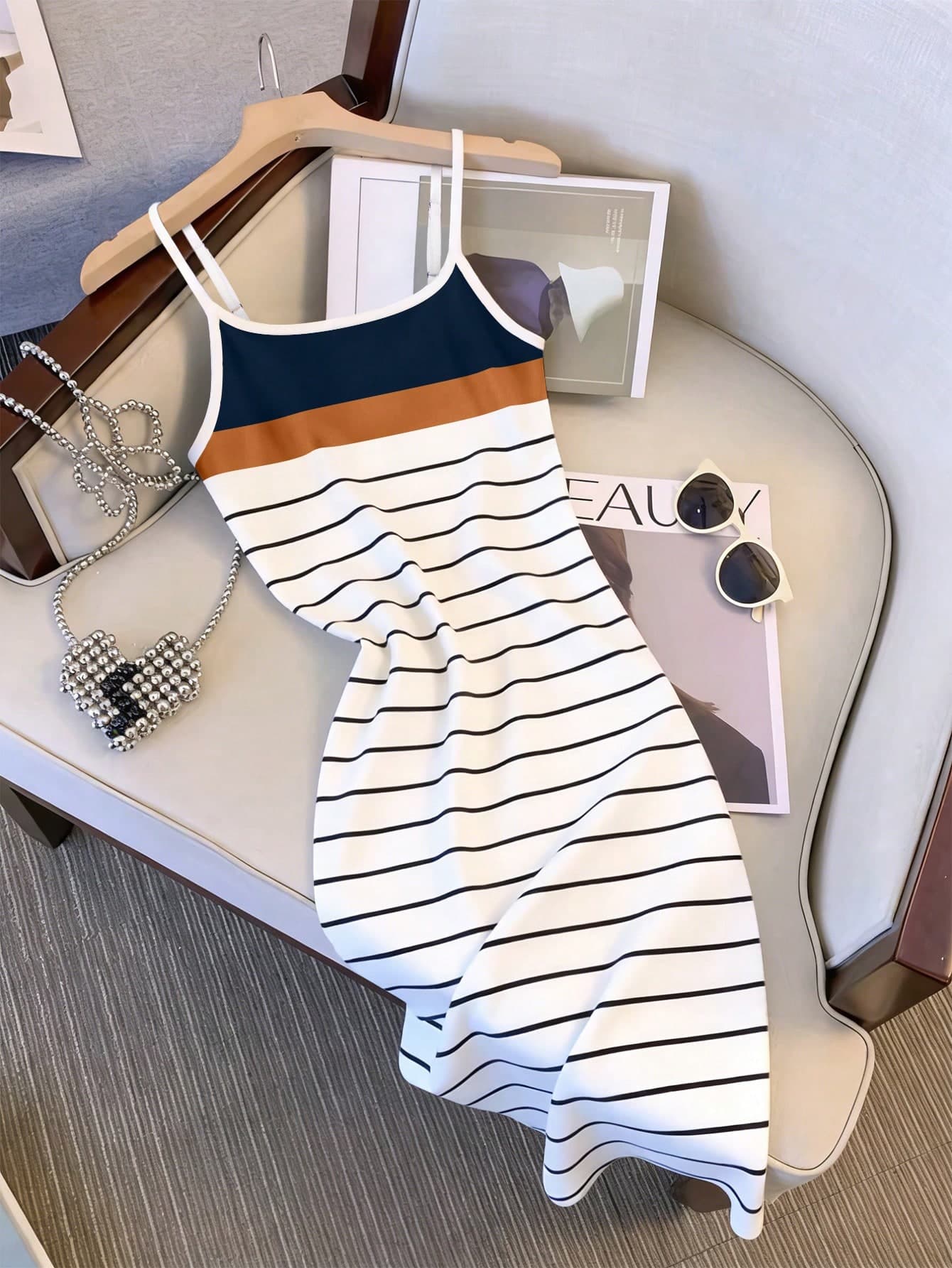 Resyla Best-Selling Recommended Korean Casual Style Minimalist Commuter Colorblock Striped Cami Midi Dress, Lazy Casual Home & Outdoor Daily Streetwear