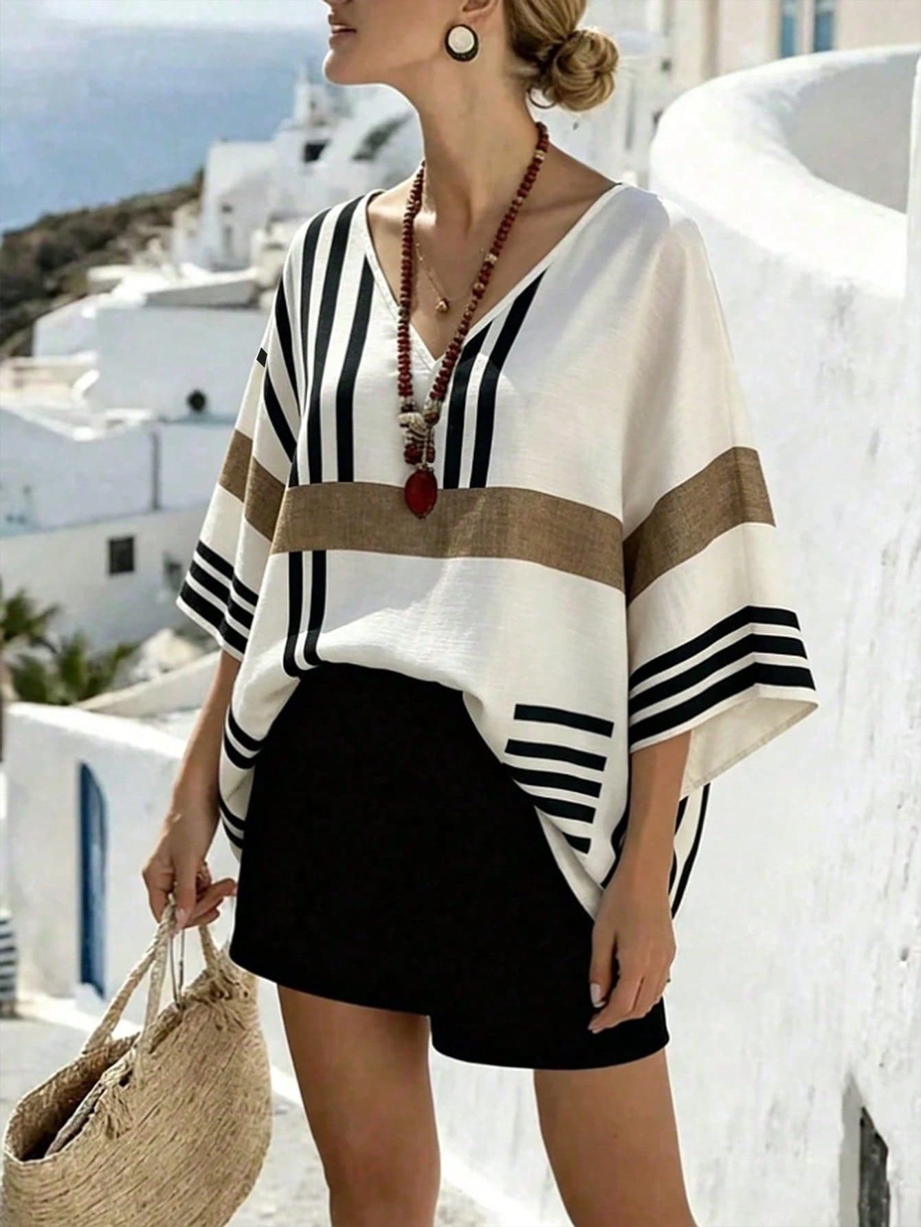 EMERY ROSE Plus Size Casual Vacation Style Asymmetric Striped Print V-Neck Dropped Shoulder Short Sleeve Loose Shirt Beach Cover-Up Women's Summer Striped Top