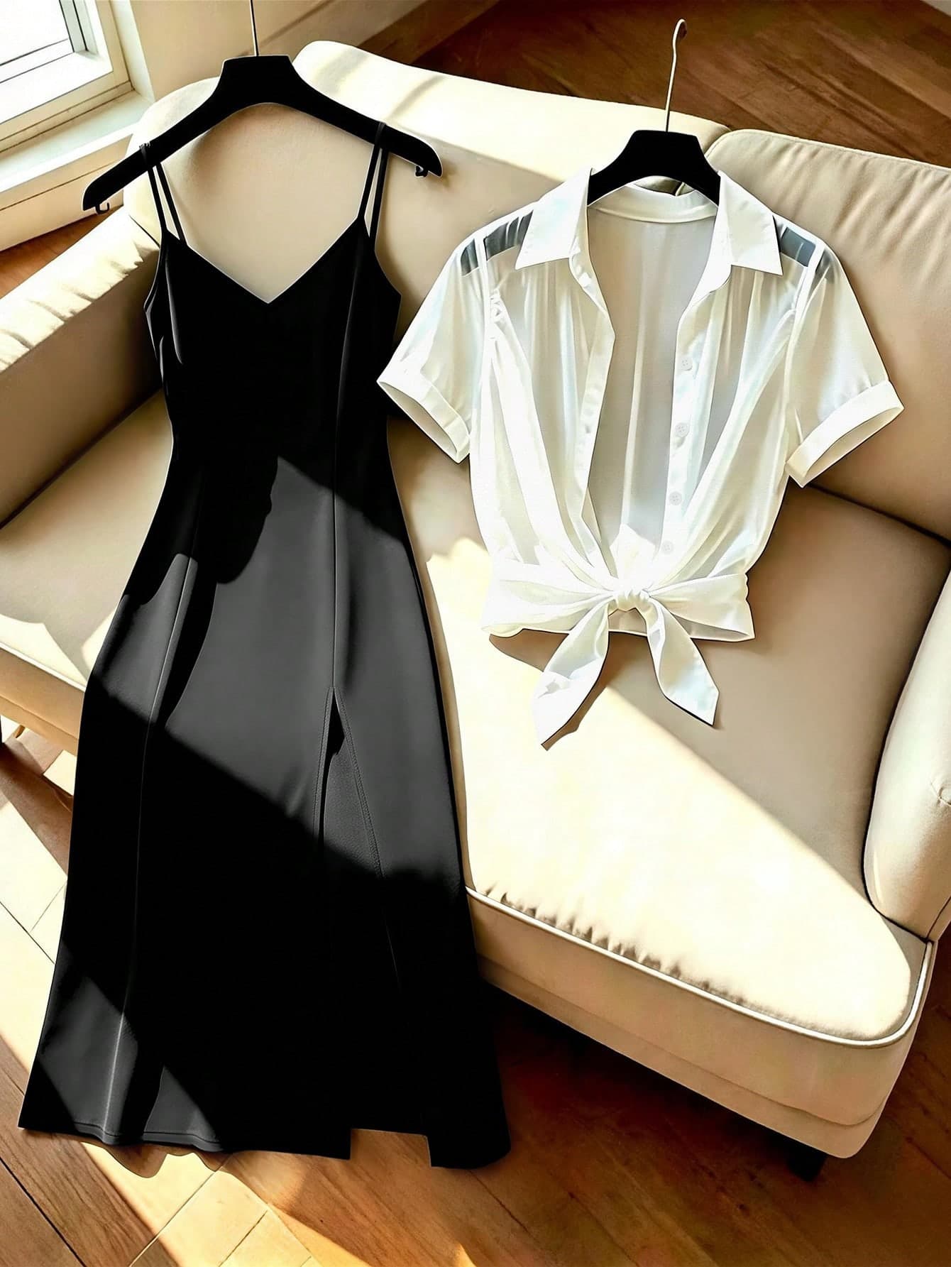 GlowEve Women's Solid Color Short Sleeve Single-Breasted Shirt And Camisole Dress Casual Two Pieces Set