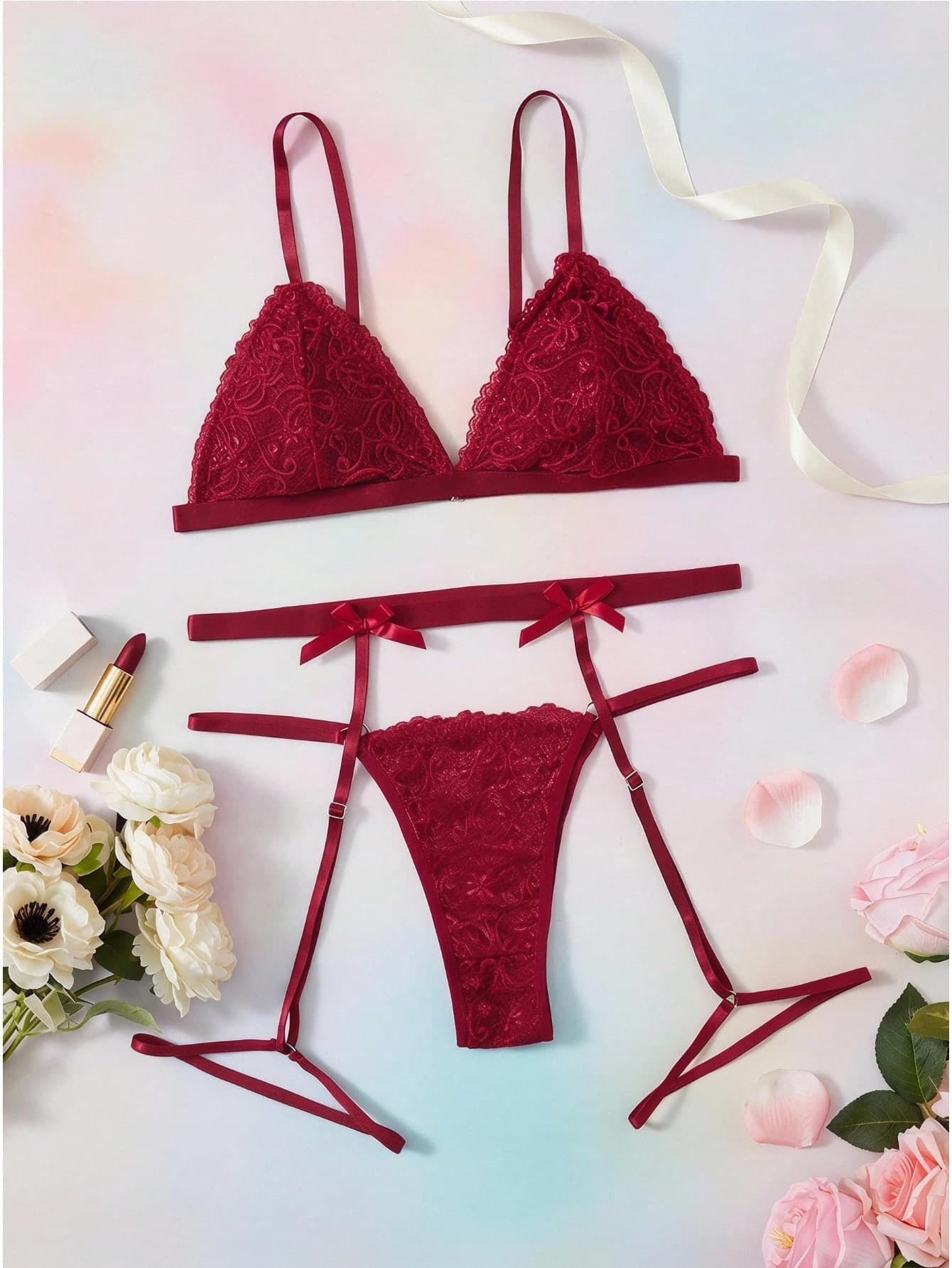 Elorette 3pack Floral Lace Bow Front Thong Garter Lingerie Set Bow Tie
