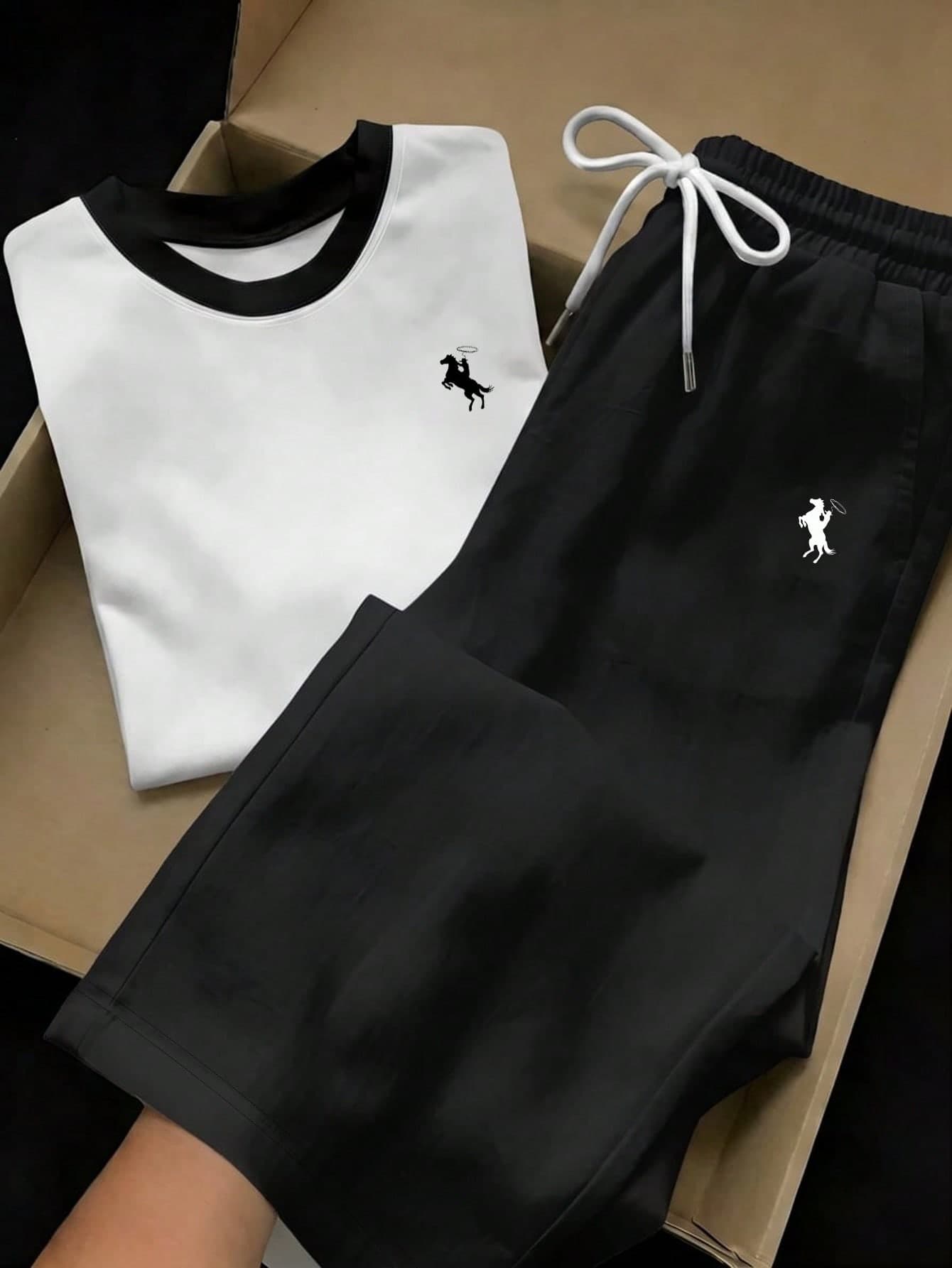 SHEIN EZwear 2pcs/Set Embroidered Round Neck Short Sleeve Top And Striped Print Pants, Casual