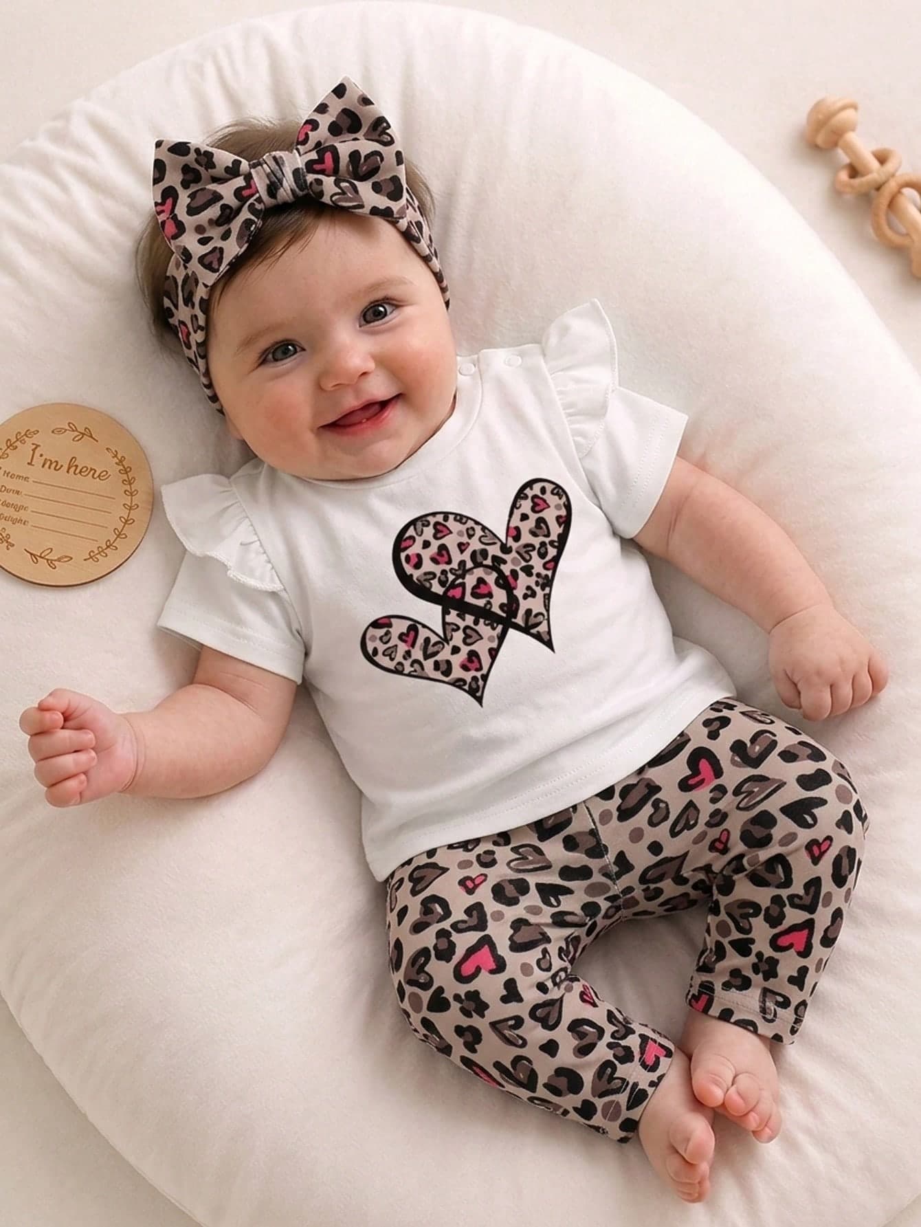 SHEIN Newborn Girl Leopard Print Round Neck Short Sleeve T-Shirt Summer Tops Pants Two Pieces Set Outfits