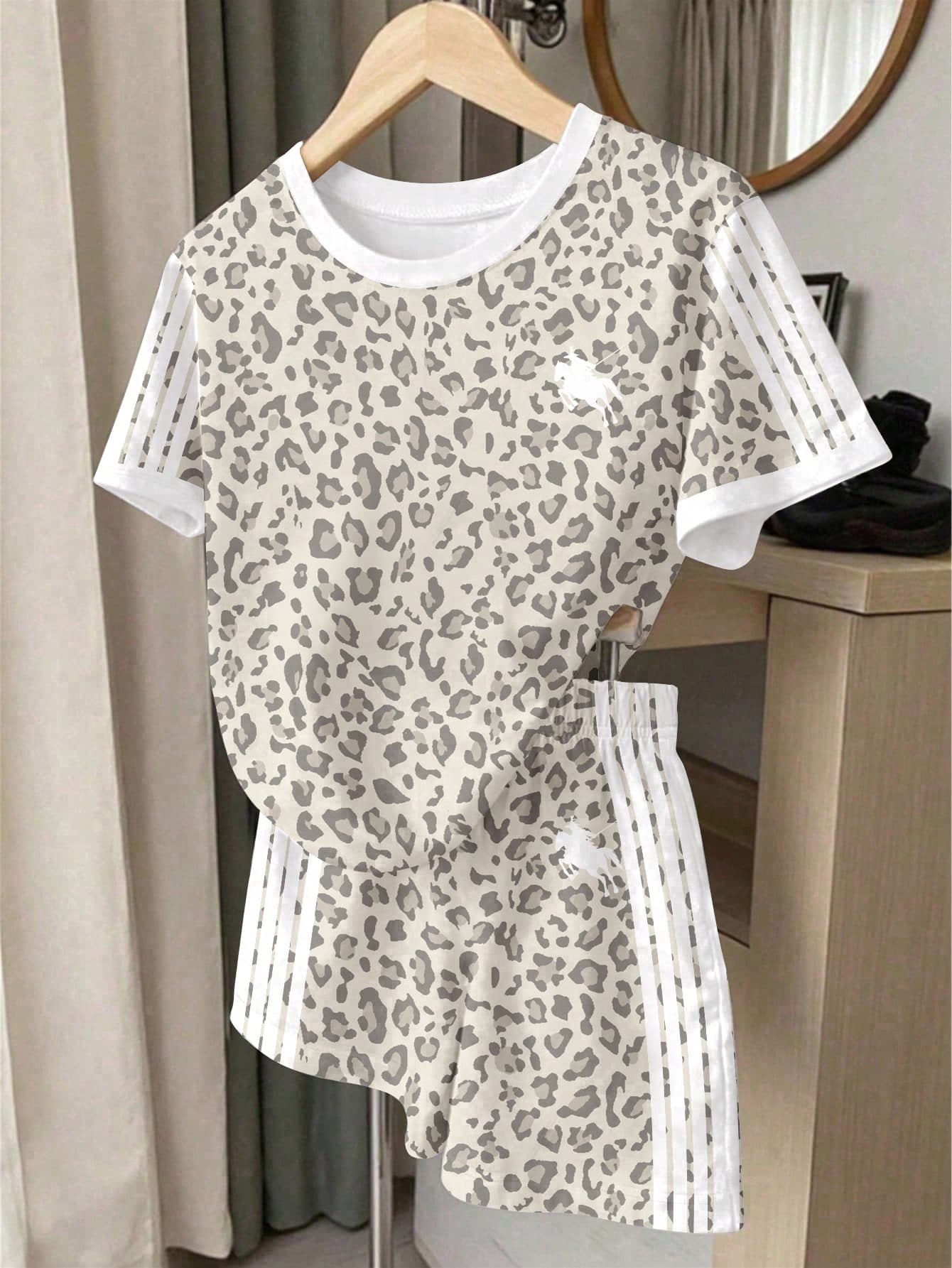 Cute Retro Fashion Leopard Print Color Block Striped Tween Girl Casual Comfortable Crew Neck Short Sleeve T-Shirt And Shorts 2-Piece Set, Suitable For Spring/Summer Daily, Holiday, Outing, Campus, Sports, Homecoming, Back To School