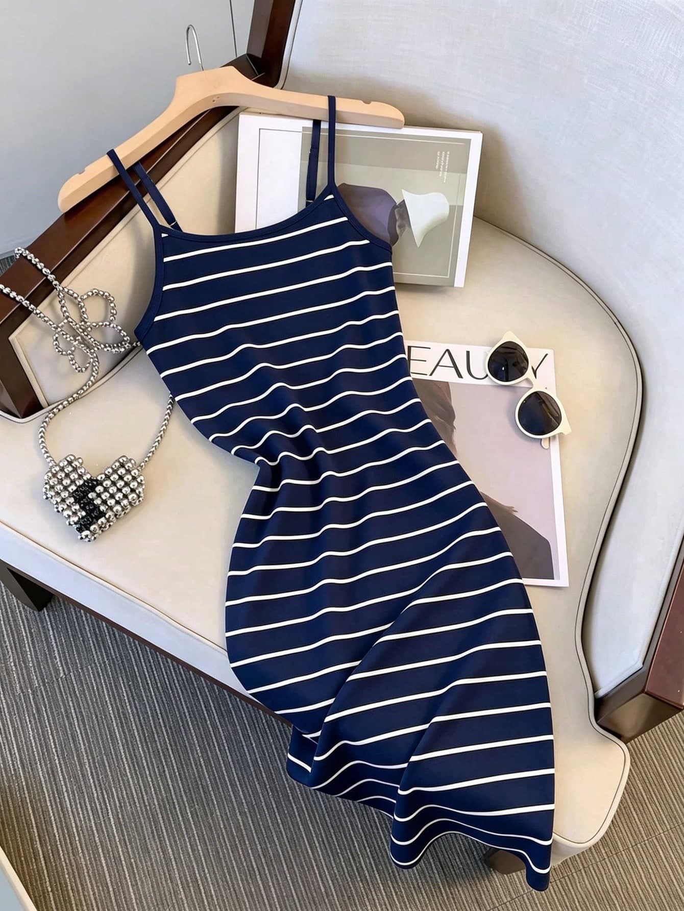 Resyla Hot-Selling New Arrival, Korean Style Casual Minimalist Commuter Classic Navy Blue Striped Adjustable Strap Midi Dress, Suitable For Daily Outings And Home Wear