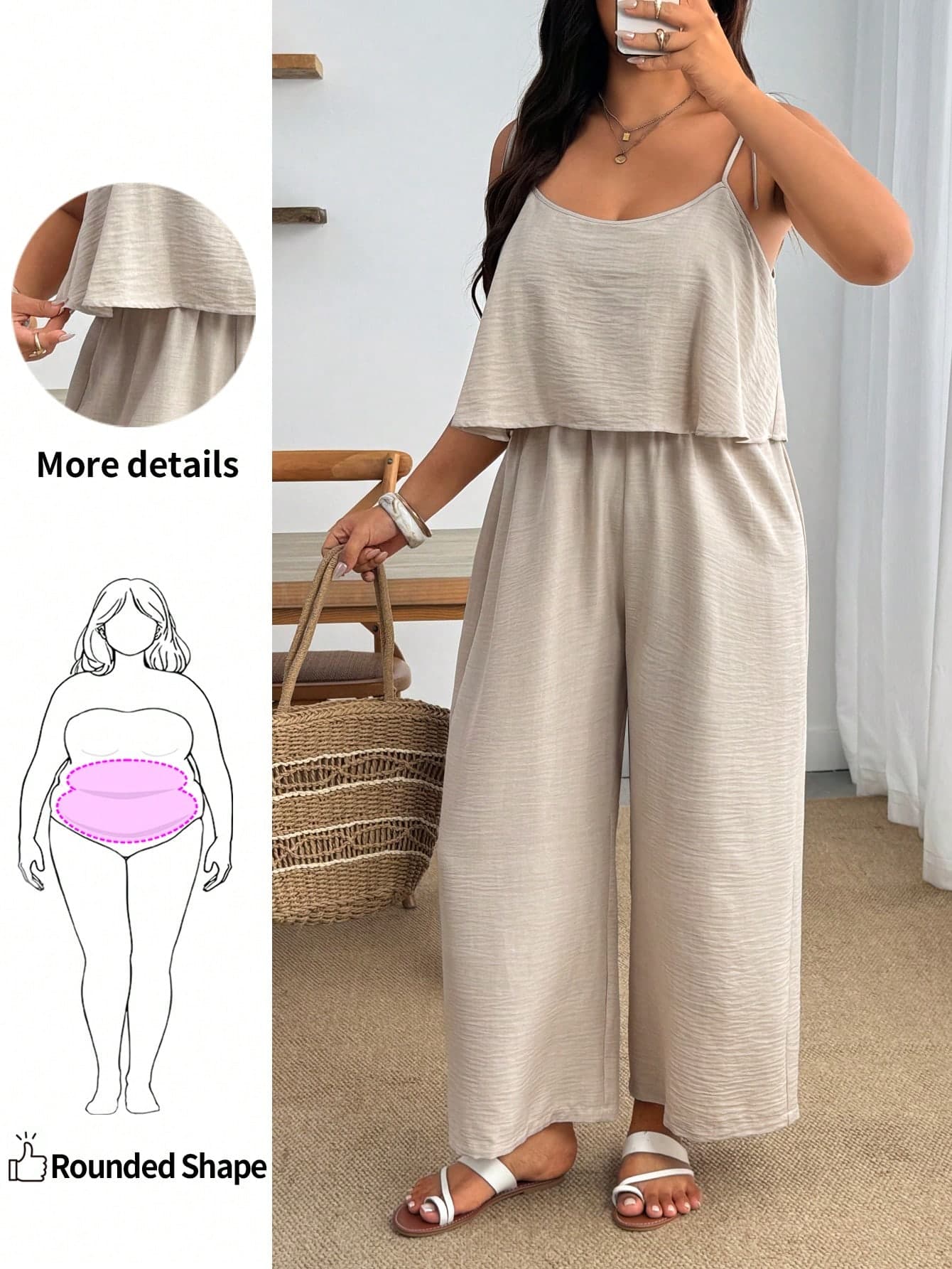 Enliva Plus Size Apricot Woven Fabric Jumpsuit: Casual, Sleeveless Spaghetti Strap Long Knot Detail, For Apple And Rounded Body Shape