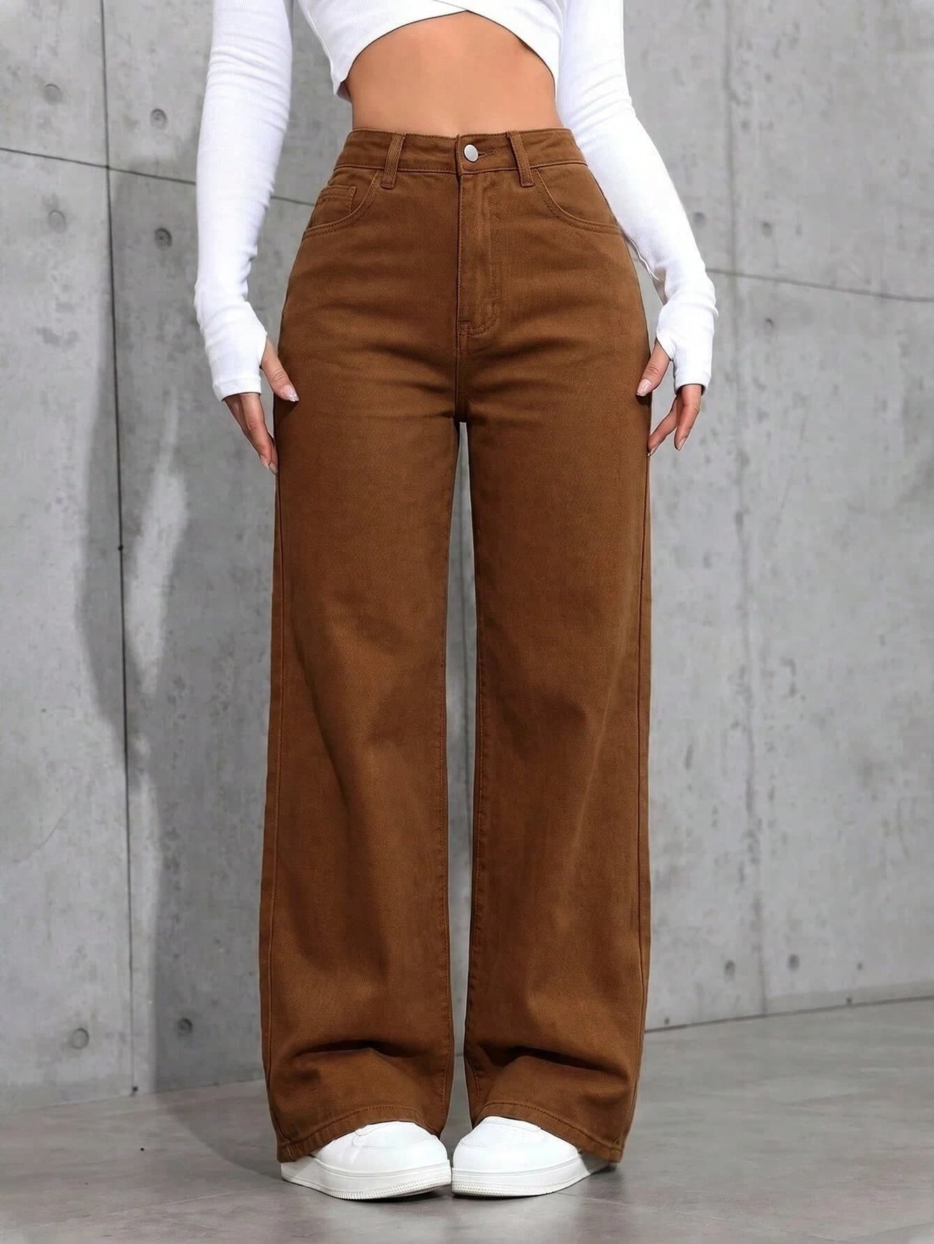 SHEIN ICON Women's High Waist Pocket Straight Leg Loose Casual Versatile Denim Jeans Everyday Shades Of Brown Summer