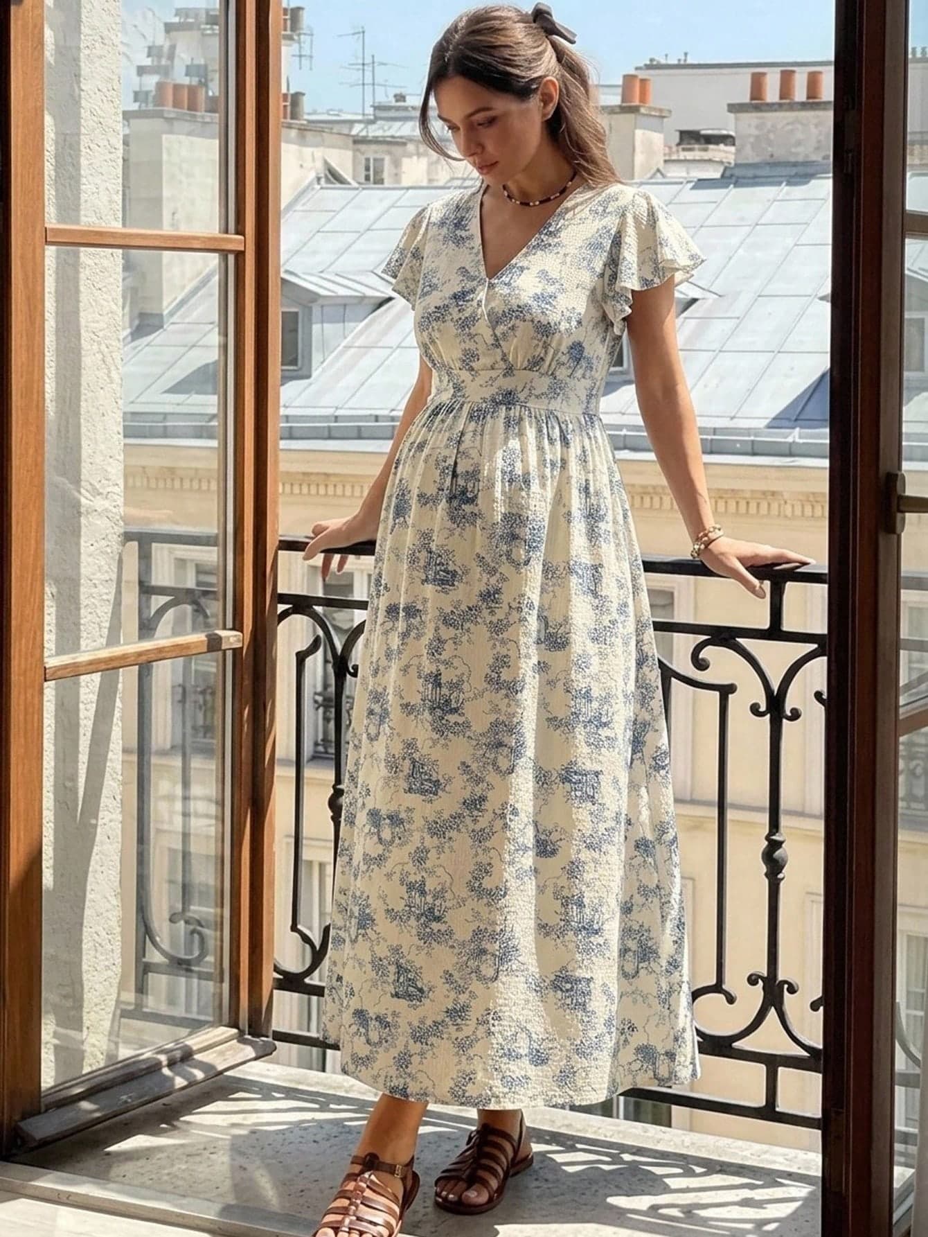 SHEIN Maternity Overlap V-Neck Ruffle Sleeve Floral Print Fashion Dress