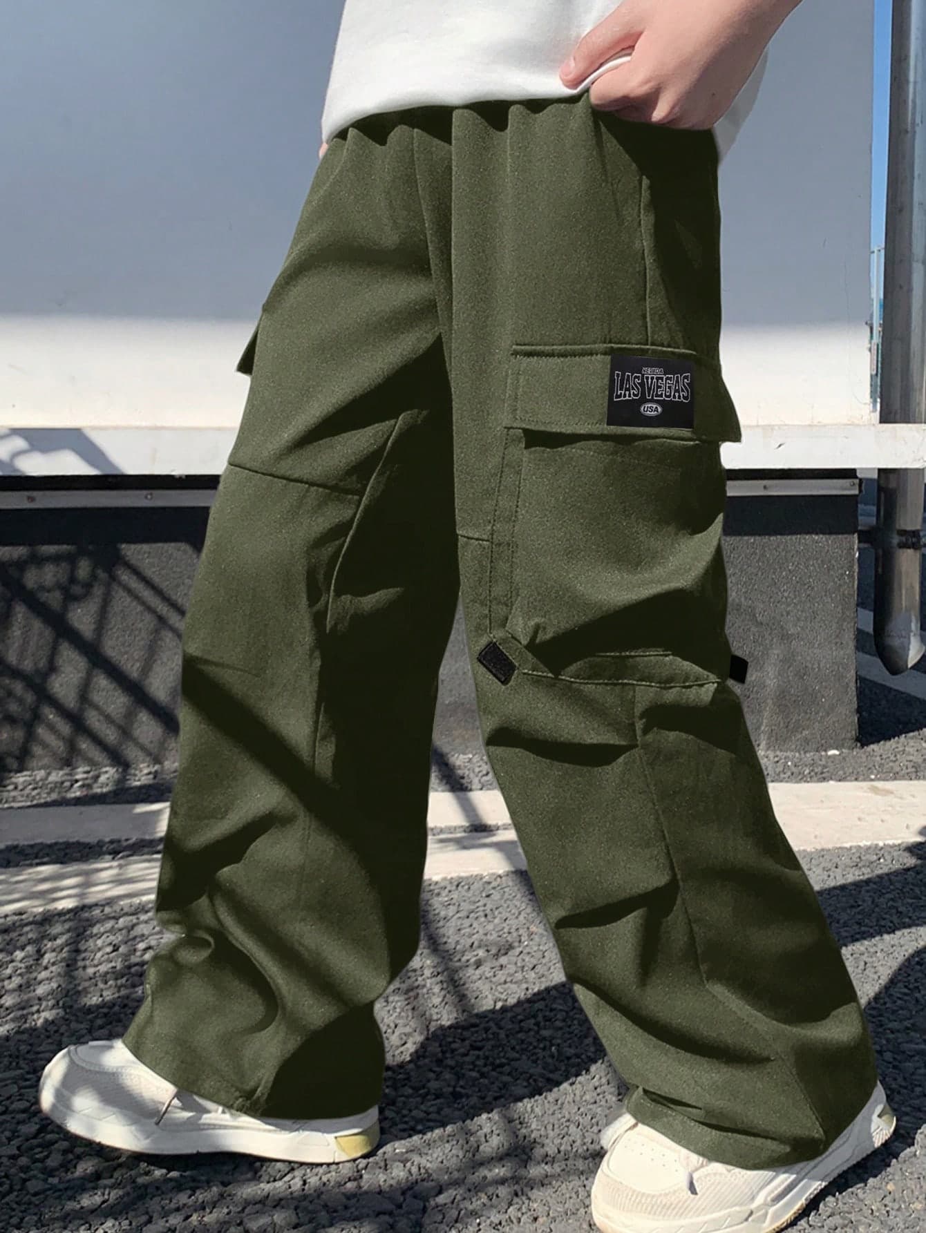 Kids/Tween Boys' Casual Comfortable Army Green Straight Loose Woven Pants,Summer Streetwear School Wear,Suitable For Garden,Beach,Birthday,Spring,Fall