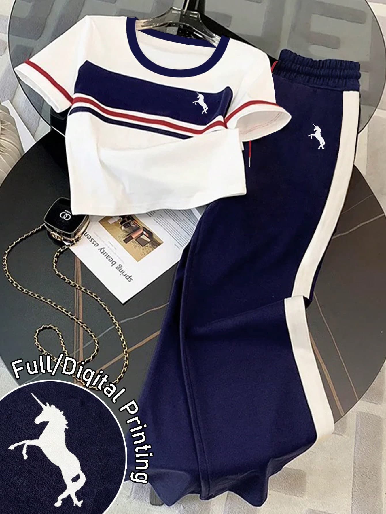 Franclia Women's Casual Sports Red & Blue Striped Print Cropped Round Neck Short Sleeve T-Shirt + Straight Leg Pants With Side Pockets