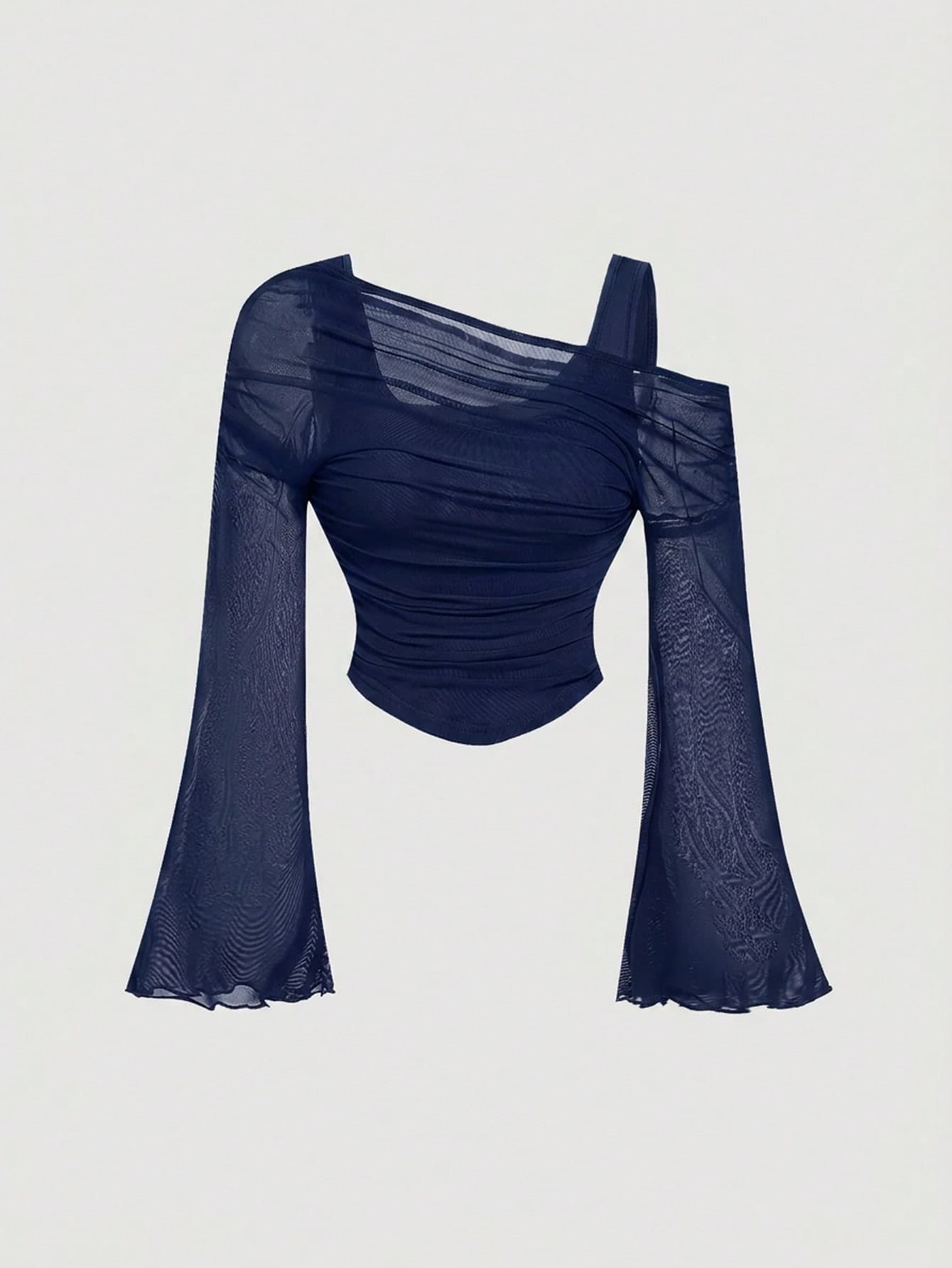 Girlism Teen Girl's /Off-The-Shoulder Mesh Two-In-One/Flared Sleeve Long-Sleeved Top Western Retro/Elegant