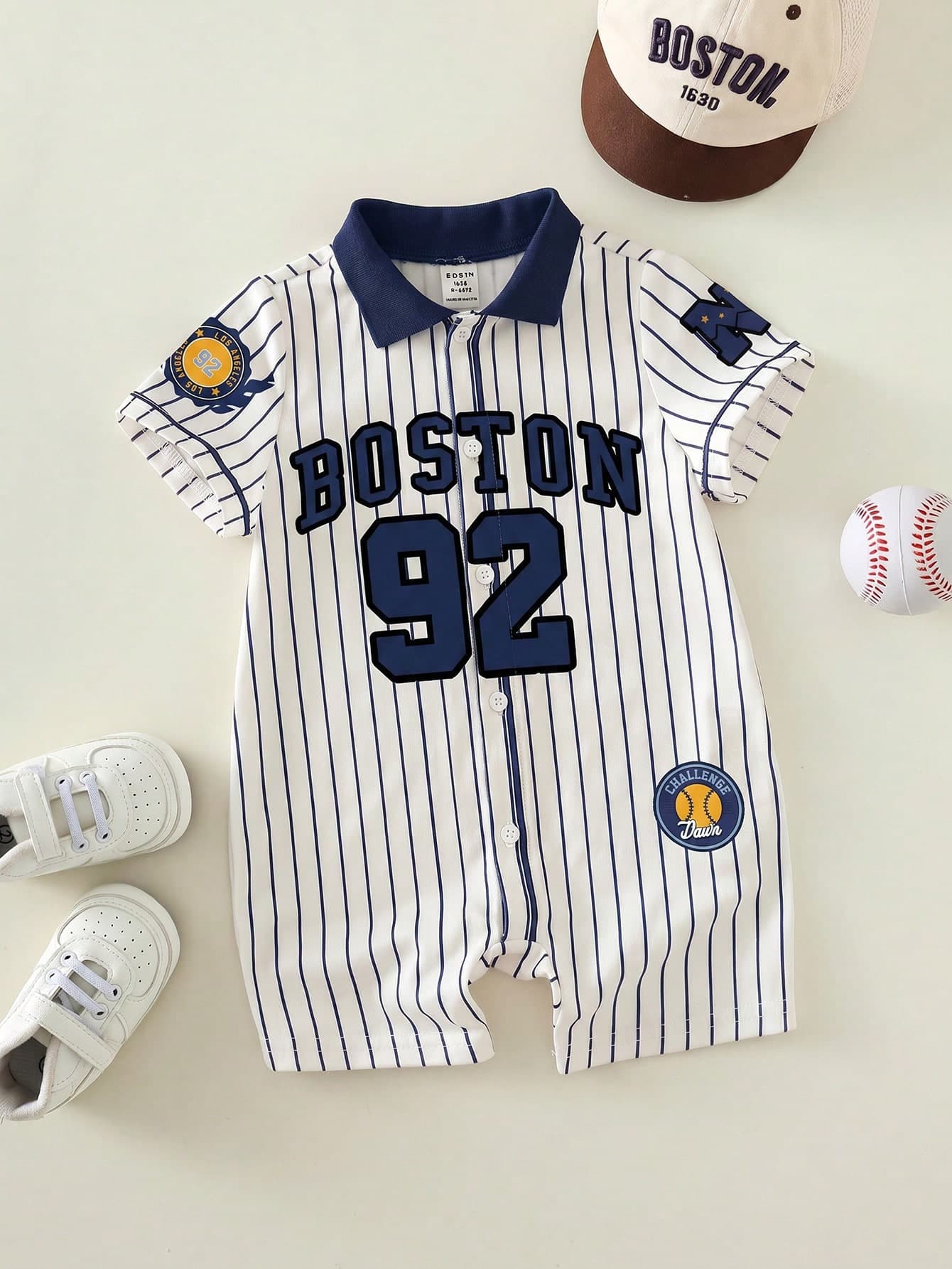SHEIN Newborn Baby Unisex Cute Summer Sports Style Letter & Stripe Print Romper