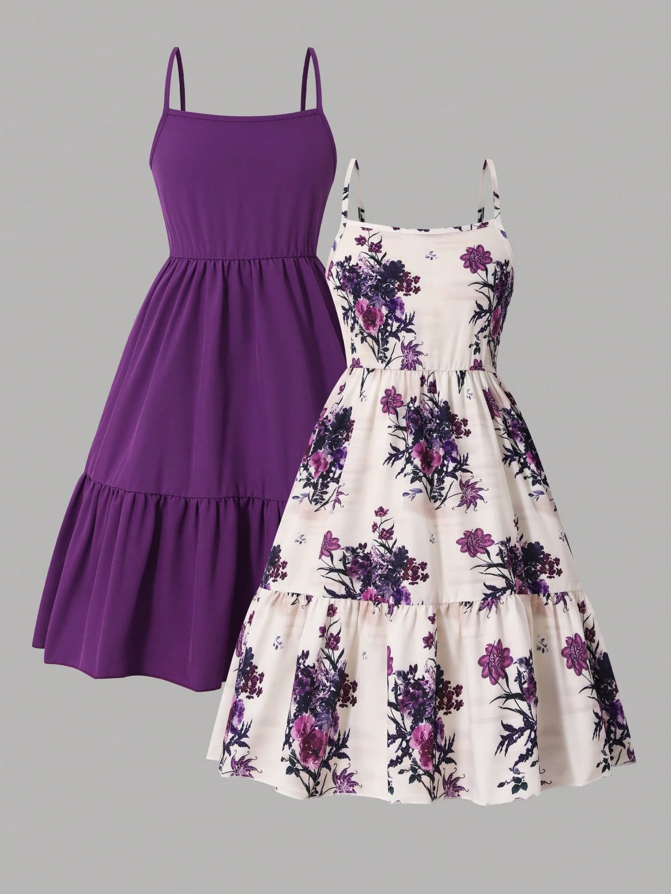SHEIN Tween Girls 2pcs Spaghetti Strap Camisole Dresses, Spaghetti Strap + Square Neck / Straight Neckline, Fitted Waist, Ruffle Hem, Loose And Flowy Silhouette With Layered Design. Suitable For Daily Wear, Simple And Versatile Style. Floral Print Camisole Dress With Large Purple And White Flowers, Paired With Solid Color, Vibrant And Rich Colors, Detailed Design, Perfect For Travel, Photography, Summer Outings, Eye-Catching.