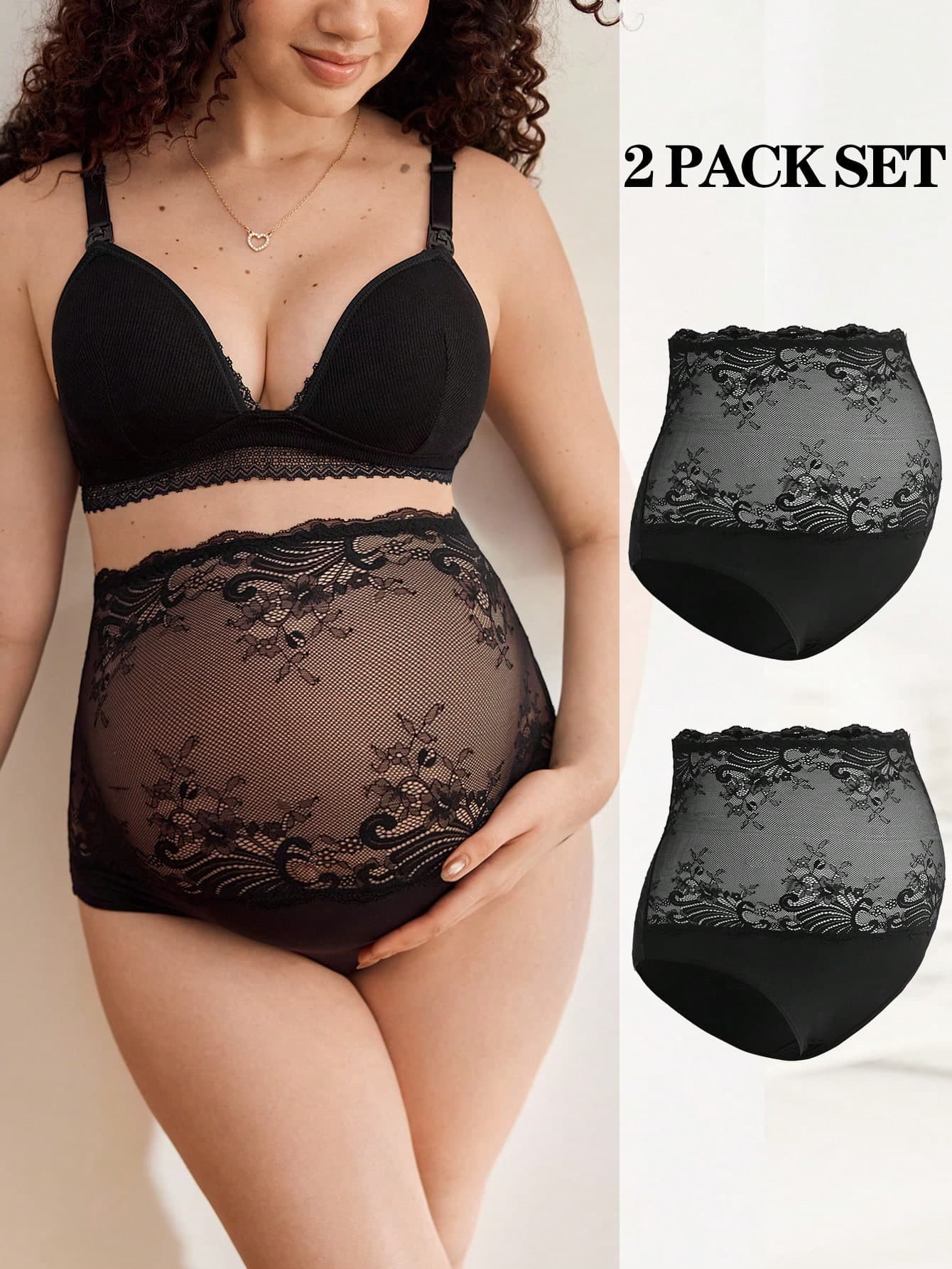 Moonlight&Mama 2pcs Black Lace High Waist Maternity Panties For Women