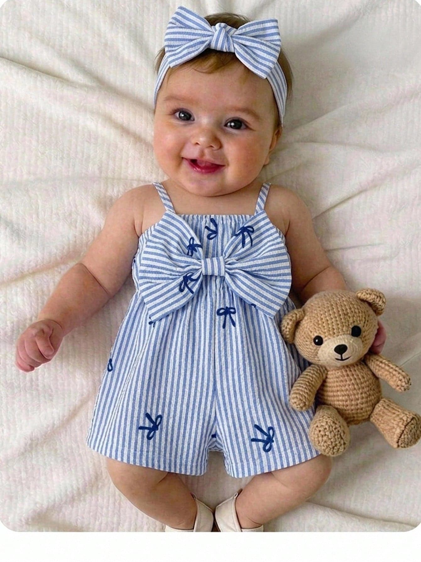 SHEIN Newborn Baby Girl Summer Vacation Casual Cute Striped Bow Strap Romper