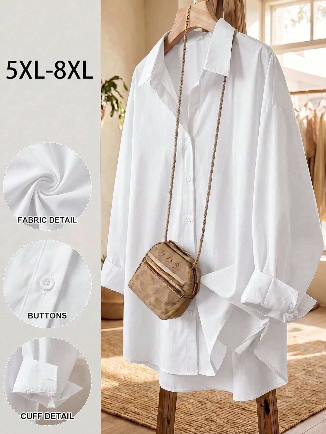 SHEIN CURVE+ Plus Size Women's Autumn And Winter Casual Loose White Basic Long-Sleeved Button-Down Shirt,Women Blouse,Tops,Old Money Style,Work Women Blouses,Fall Colthes,High Side Slit Shirt,Basic Long-Sleeved White Shirt,Homecoming,Airport Women Outfits