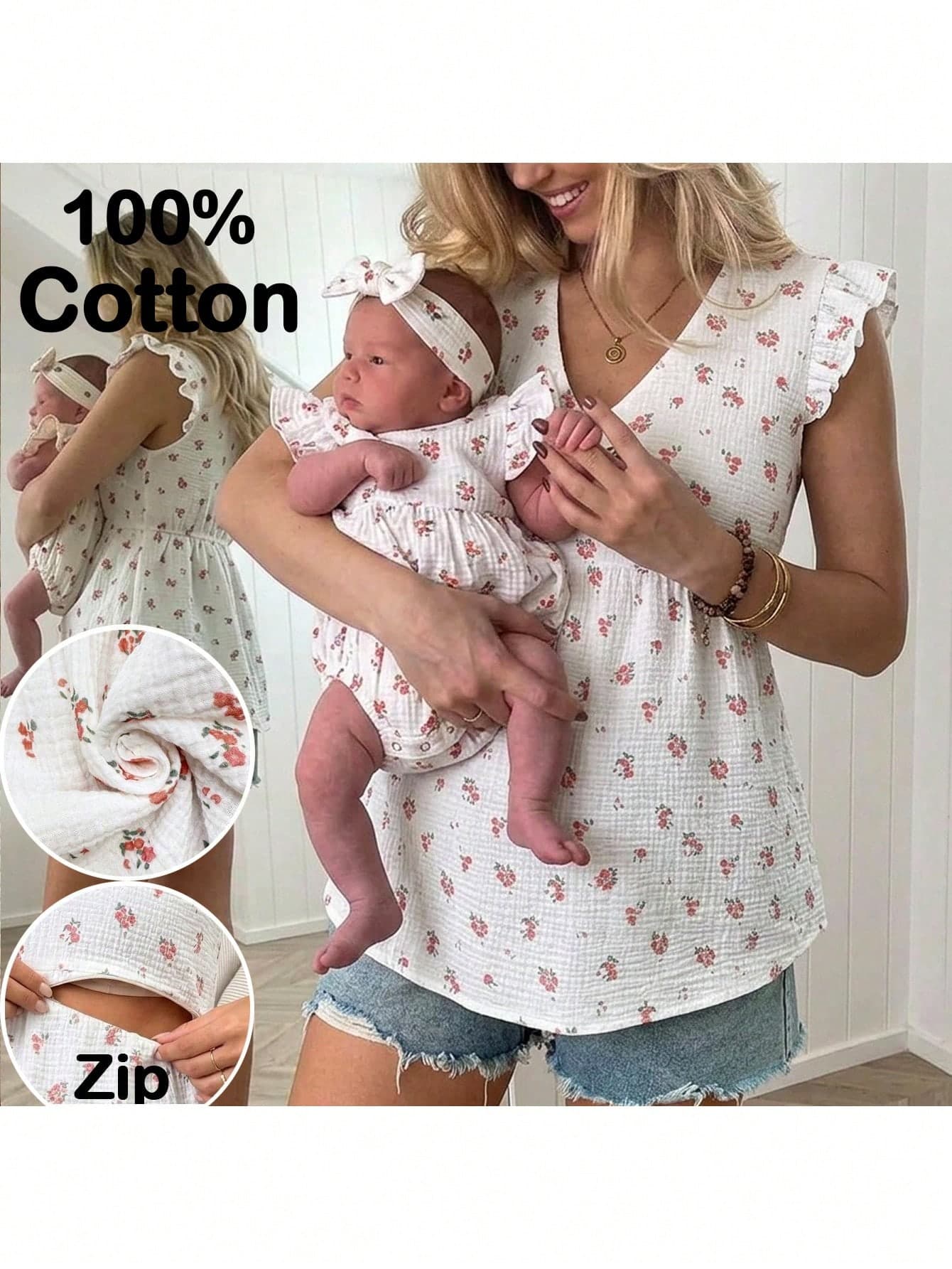 SHEIN Maternity V-Neck Floral Print Casual Nursing Friendly Top, Versatile For Daily Wear Tops Summer Babydoll Blouse Pregnant Outfits