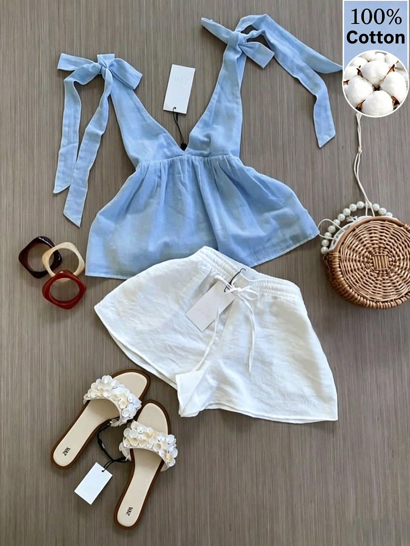 Franclia Women's Summer Boho Blue And White Holiday Vacation Holiday Casual French Style Suit,V-Neck Tie-Front Vest,Traceable Cotton Fabric,Cool Breathable