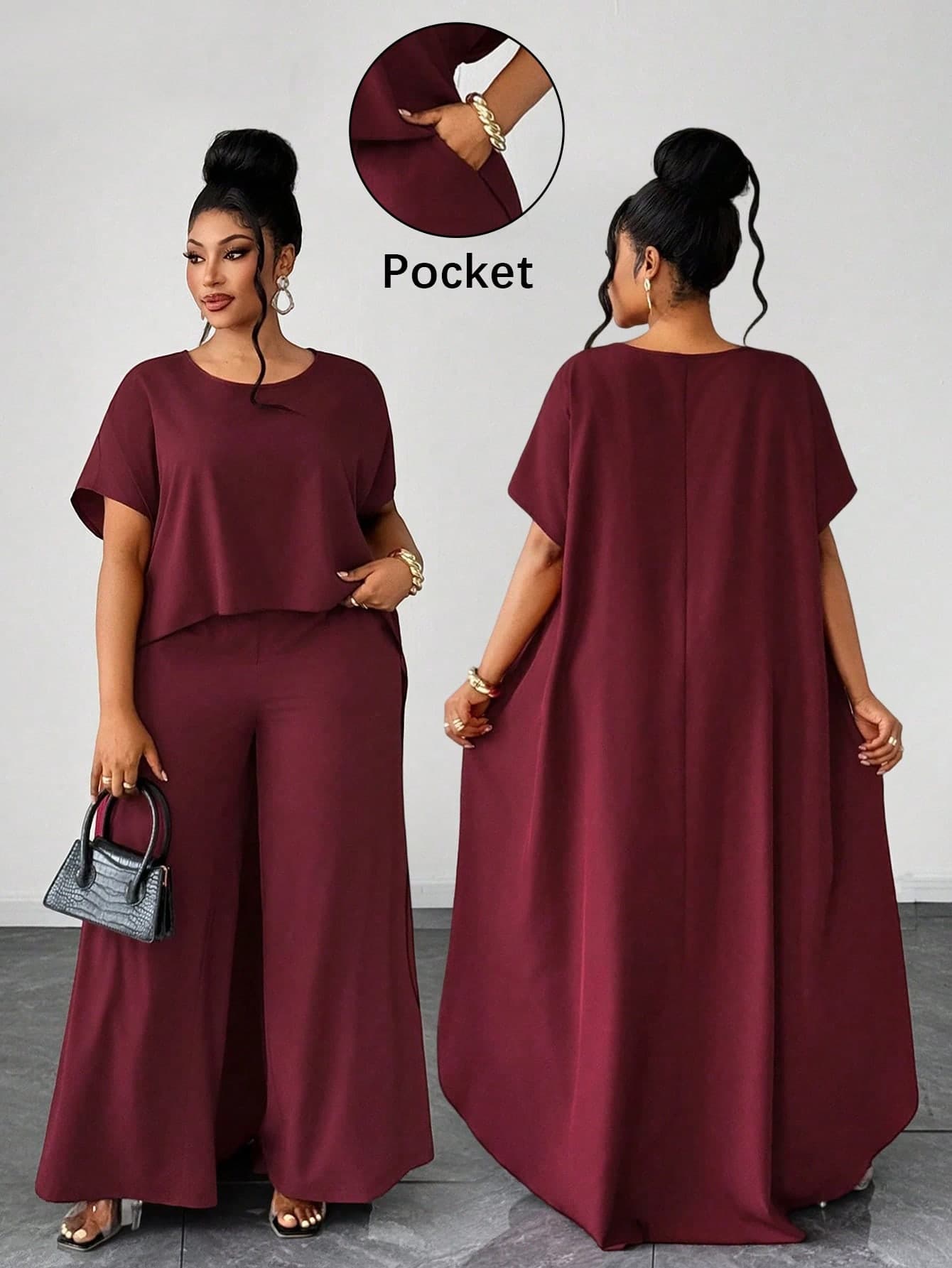 Maweii Plus Size Women's Summer Solid Wine Red Round Neck Asymmetric Hem Pullover Top + Casual Wide Leg Pants 2 Pieces Set