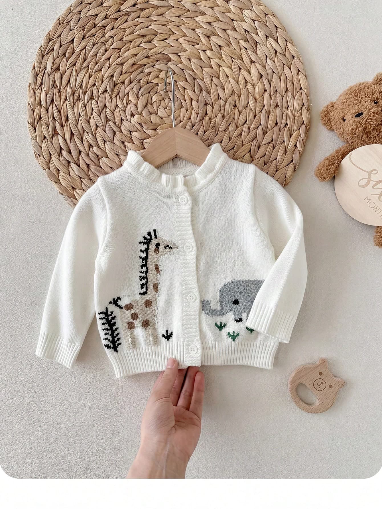SHEIN Newborn Baby Girl Floral Cartoon Giraffe Animal World Embroidery Ruffle Trim Long Sleeve Single-Breasted Knit Cardigan, In Fall/Winter