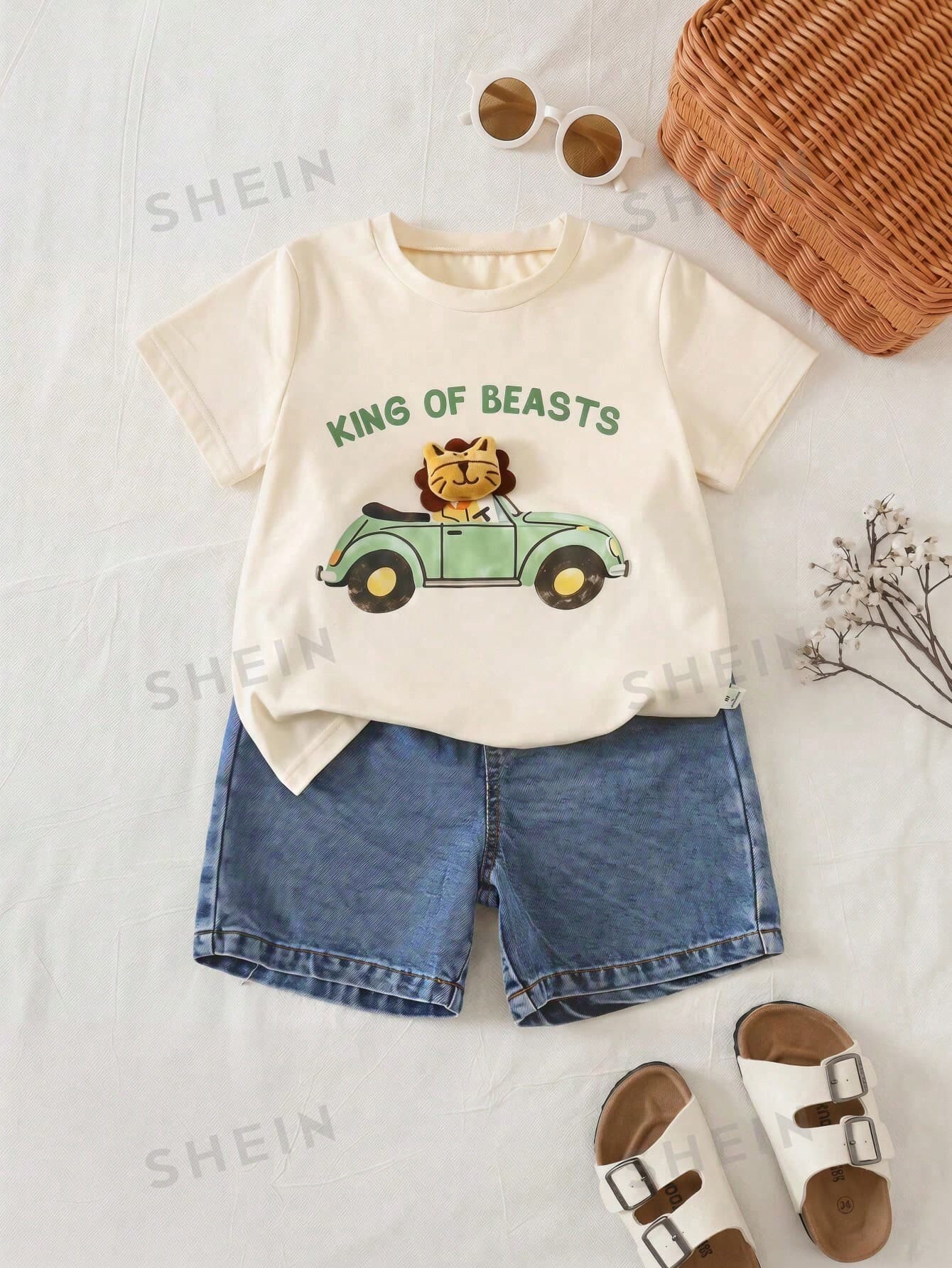 2pcs/Set Kids Boys' Summer Casual Cute Lion Graphic T-Shirt And Blue Denim Shorts Outfit, Cartoon Suit, Denim Suit, Summer Suit