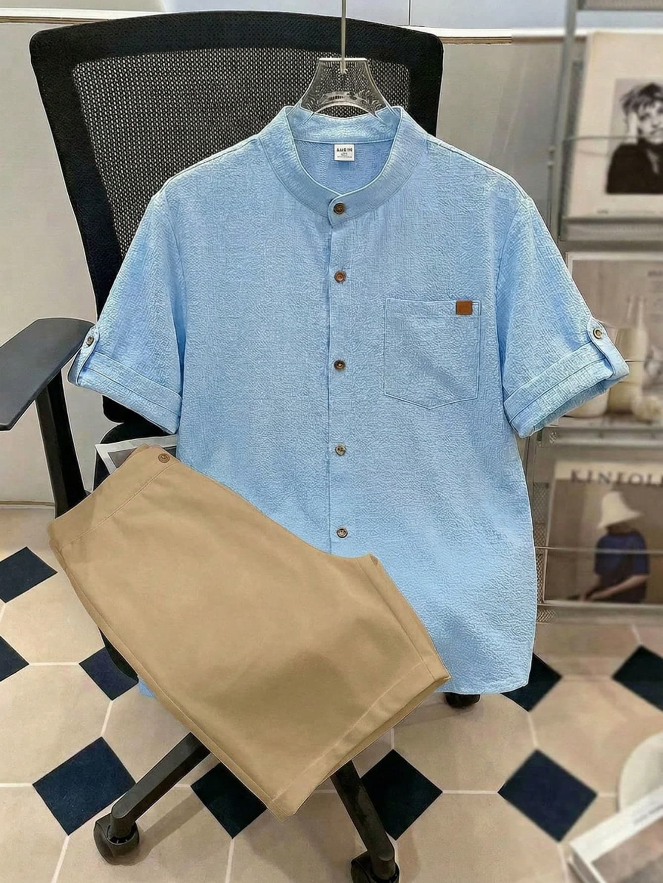 SHEIN TEEN BOY Casual Comfortable Textured Wave Stripe Short Sleeve Shirt And Shorts Set Spring Summer