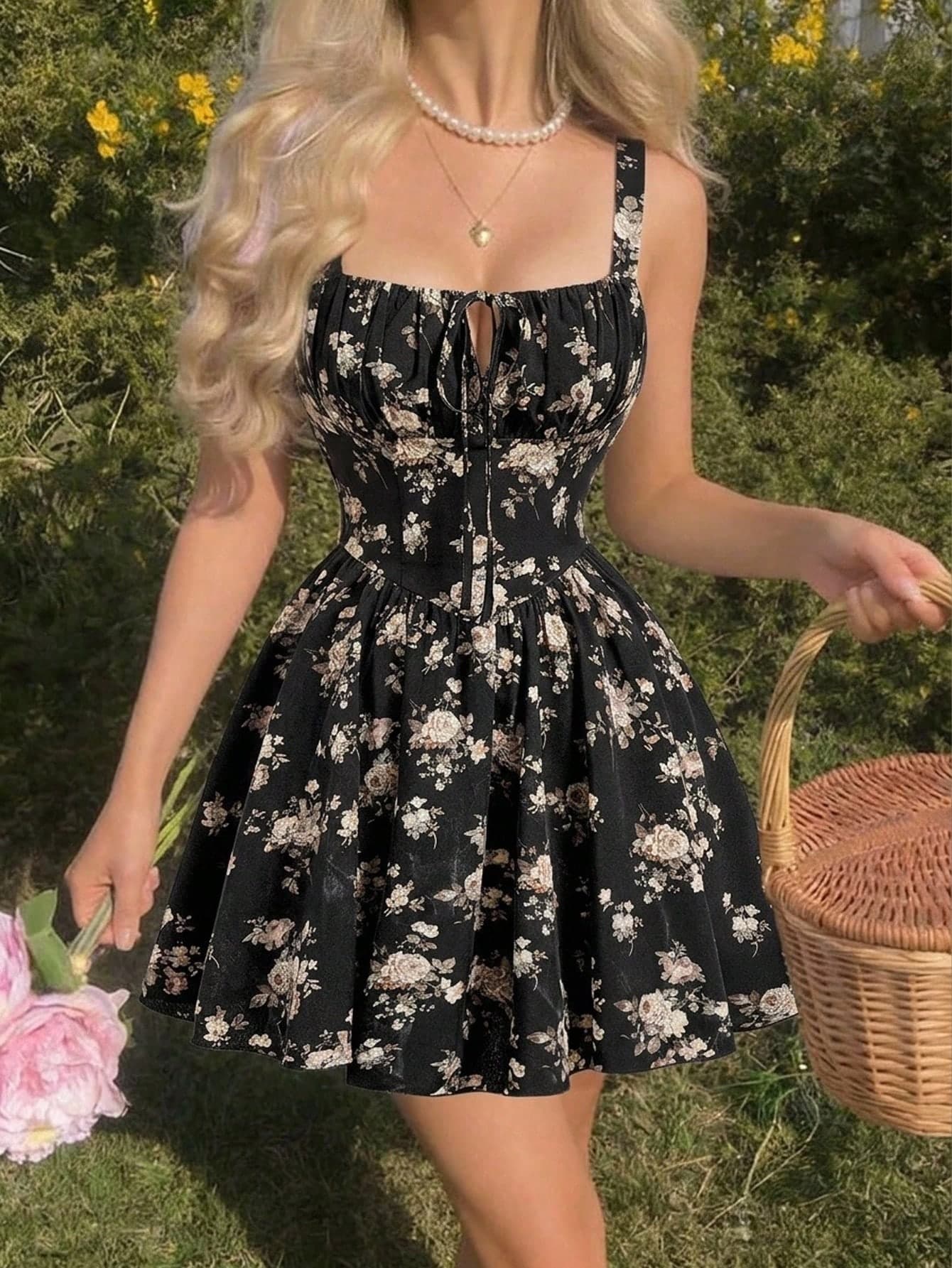 SHEIN MOD Women's Floral Print Front Tie Elegant Modest Cottage Core Camisole Mini Dress Picnic Black Floral Summer Party Vacation Beach Outfits Wedding Party