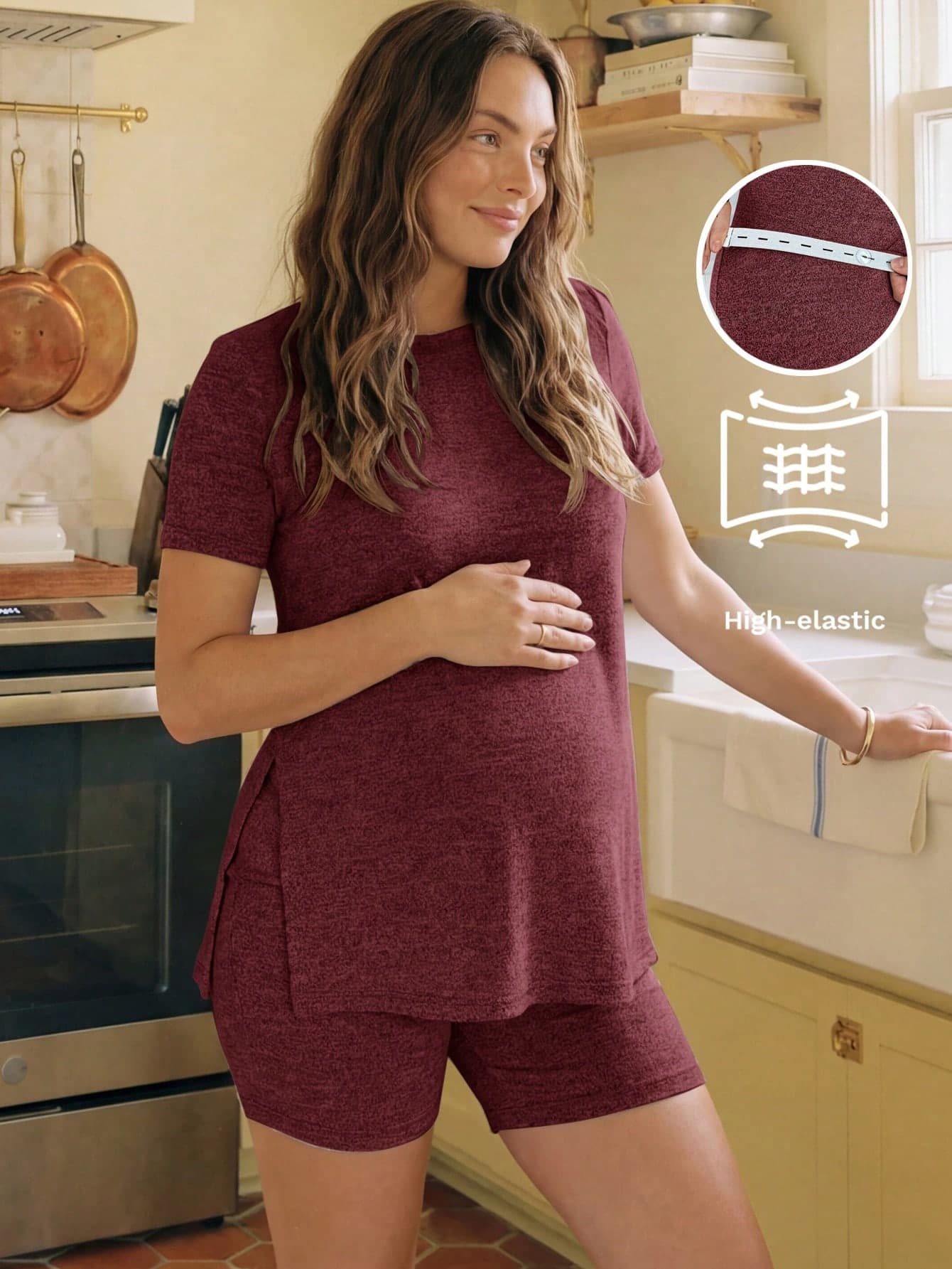Slowluna 2pcs Maternity Casual Round Neck Short Sleeve Split Hem T-Shirt And Adjustable Waist Shorts Set