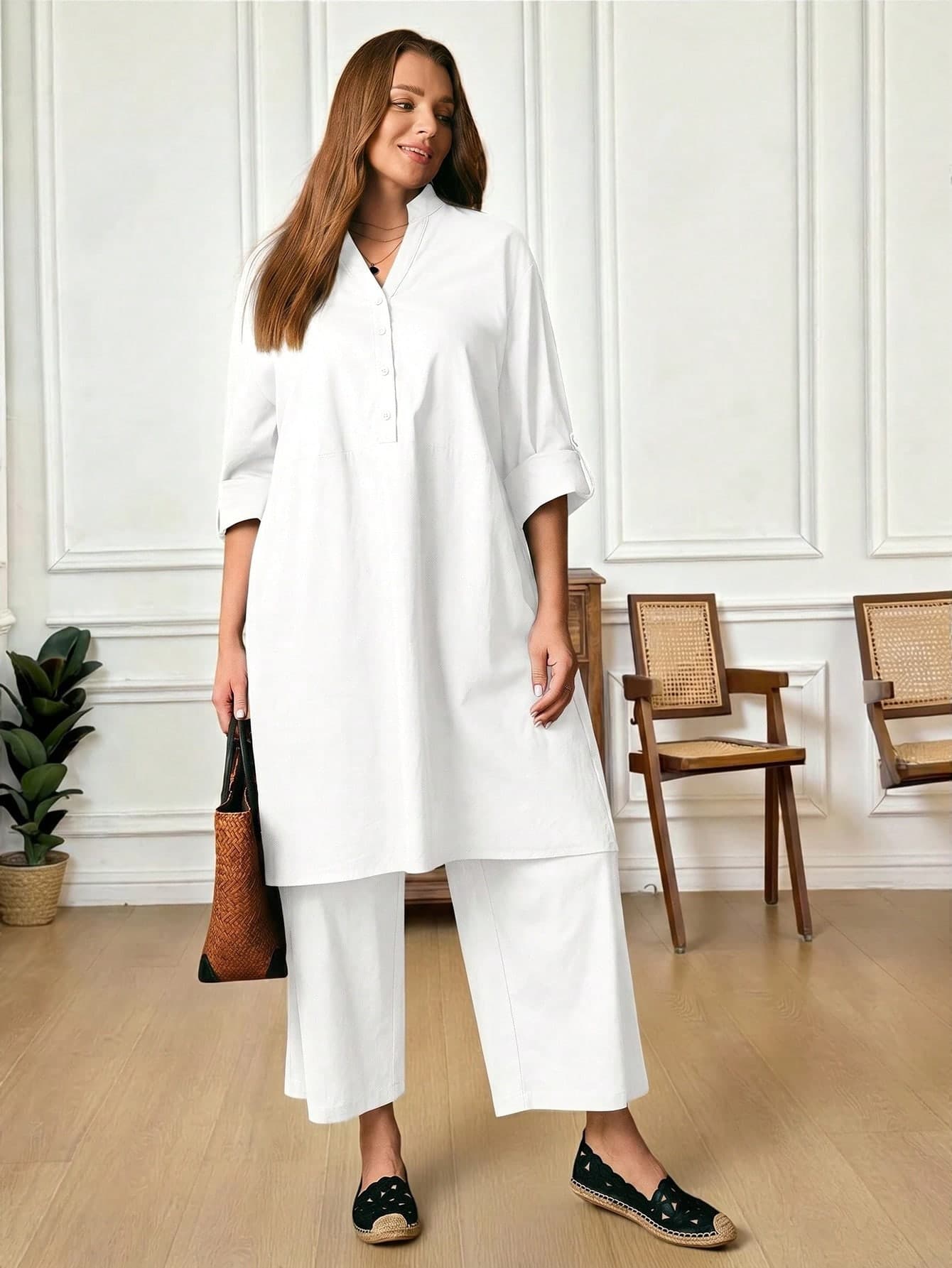 Rosumi Plus Size Women's Solid Color Rolled Sleeve Long Shirt And Pants Casual 2 Pieces Set Fall