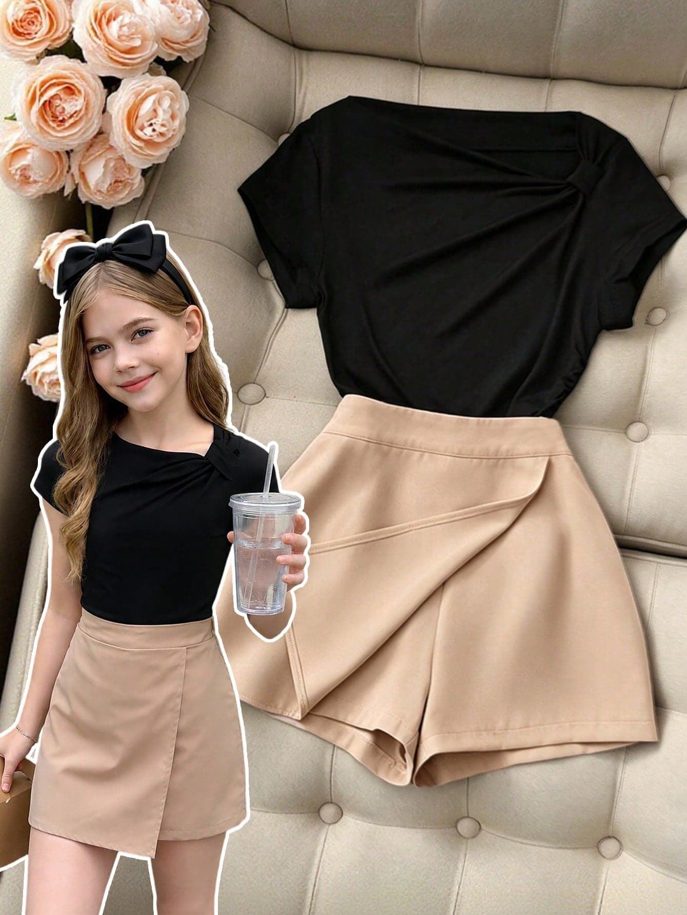 SHEIN 2-Piece Korean-Style Soft Girl's Big Kid Set: Asymmetrical Off-Shoulder Short Sleeve Top + Front Split High-Waist Shorts Skirt Set, Regular Fabric For Campus Outings Summer Sets, Simple Daily Commuting Style