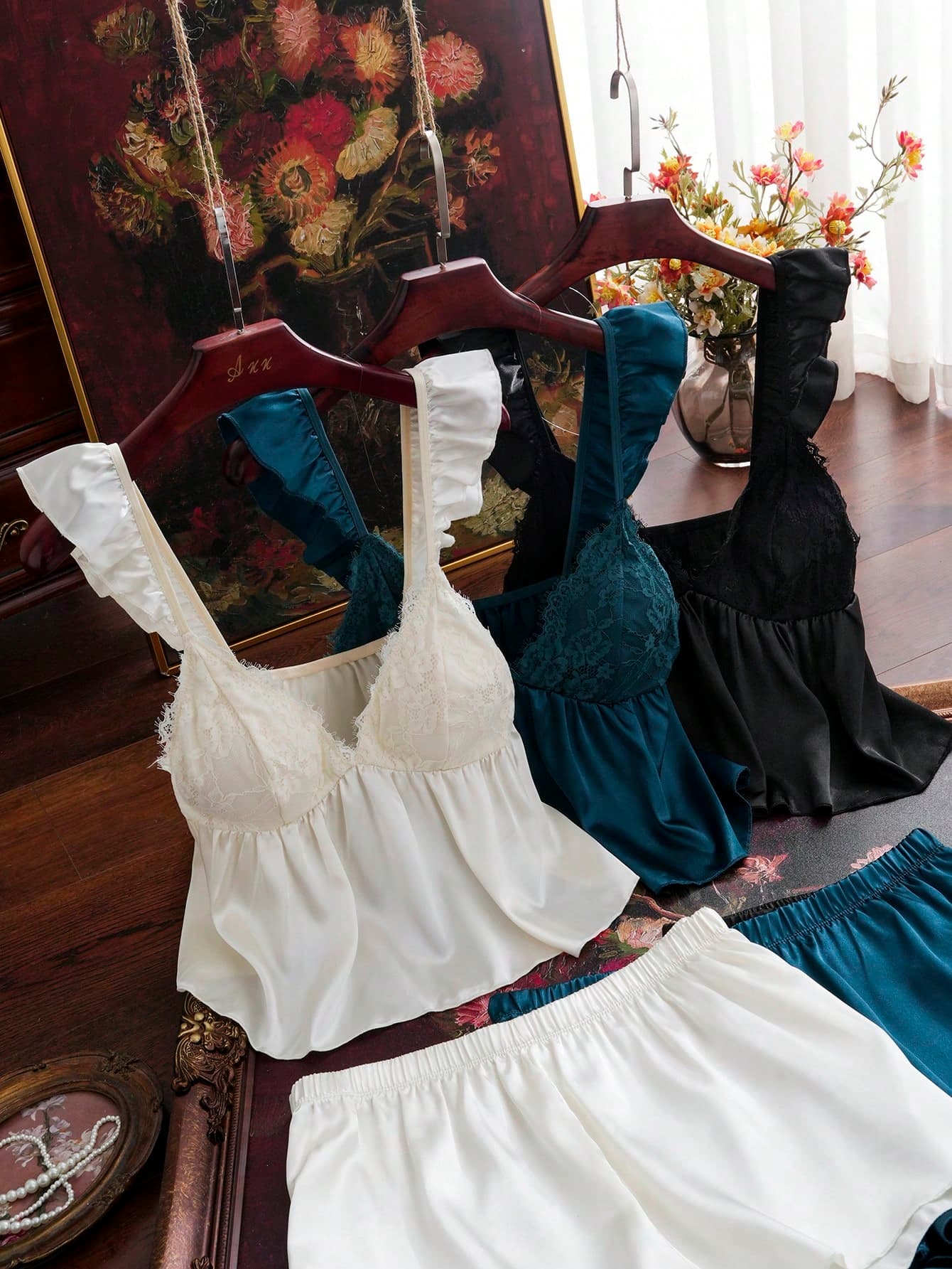 Côtesoire 6pcs Plus Size Sleepwear Set, French Romantic Mature Elegant Satin & Lace Patchwork