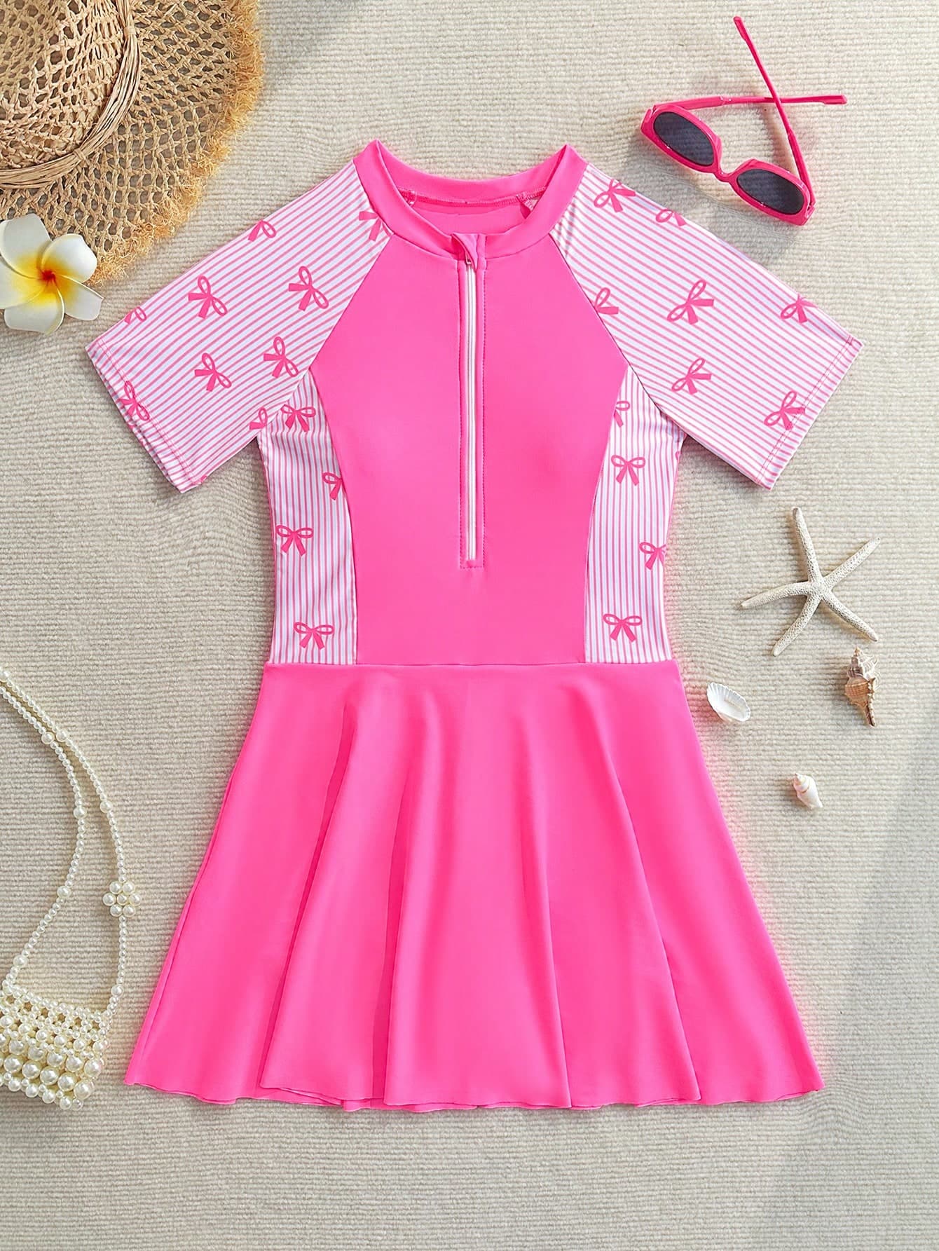 SHEIN Tween Girl Bow Striped Print Skirt-Style One-Piece Swimsuit, Vibrant Pink Tone, Front Zipper Design, Skirt-Style One-Piece Boyleg Bottoms, Suitable For Summer, Vacation, Surfing, Beach, Seaside, Pool, Swimming