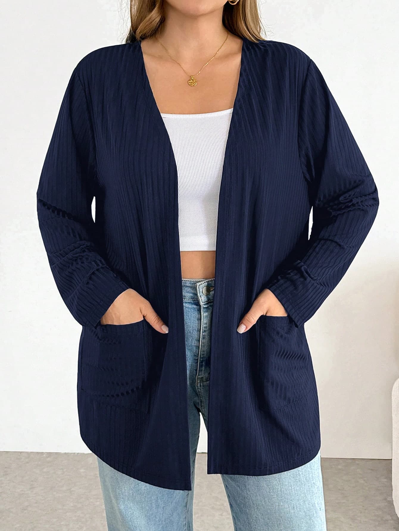 SHEIN Essnce Plus-Size Women's Spring/Summer Fashion Casual Loose Comfortable Basic Versatile Long-Sleeved Black Cardigan,Spring Outfits,Simple Style ,Work Tops