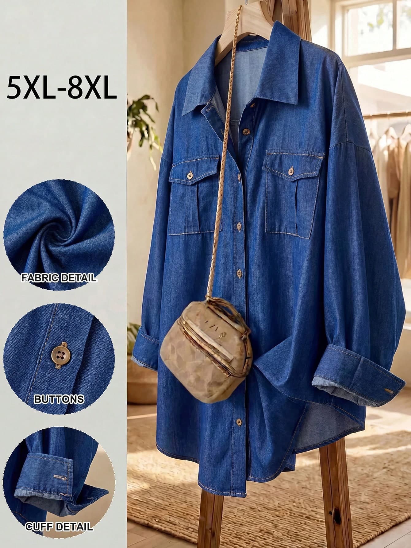 SHEIN CURVE+ Plus-Size Casual Denim Printed Shirt For Commuting Summer Outfits, Holiday Outfits, Beach Outfits, Fall