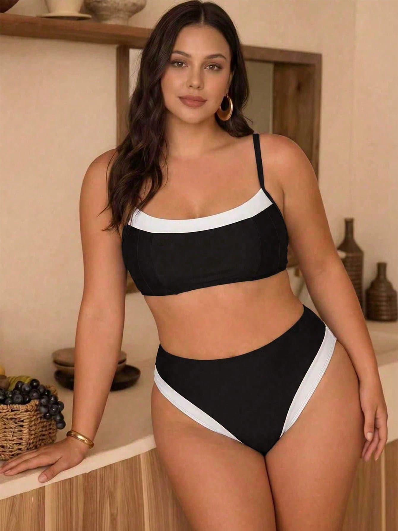 Swim Chiccia Plus Size 2 Pieces Women's Summer Color Block Bikini Set, Minimalist White Patchwork Design, High Waisted Triangle Swim Bottoms, Suitable For Beach
