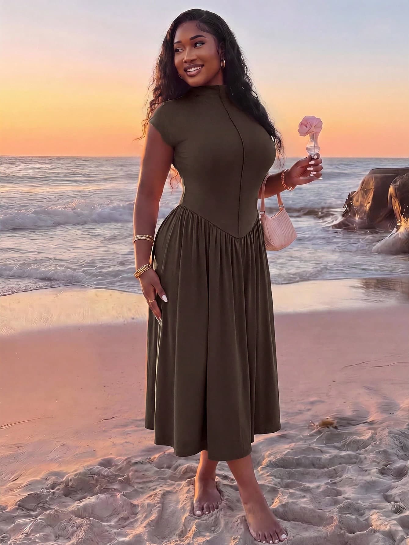 SHEIN MOD Plus Size Women's Chocolate Brown High Neck Long Knit Dress,Autumn Elegant Wedding Guest Dress,Tea Party Outfit,Spring/Summer Birthday Holiday Gown